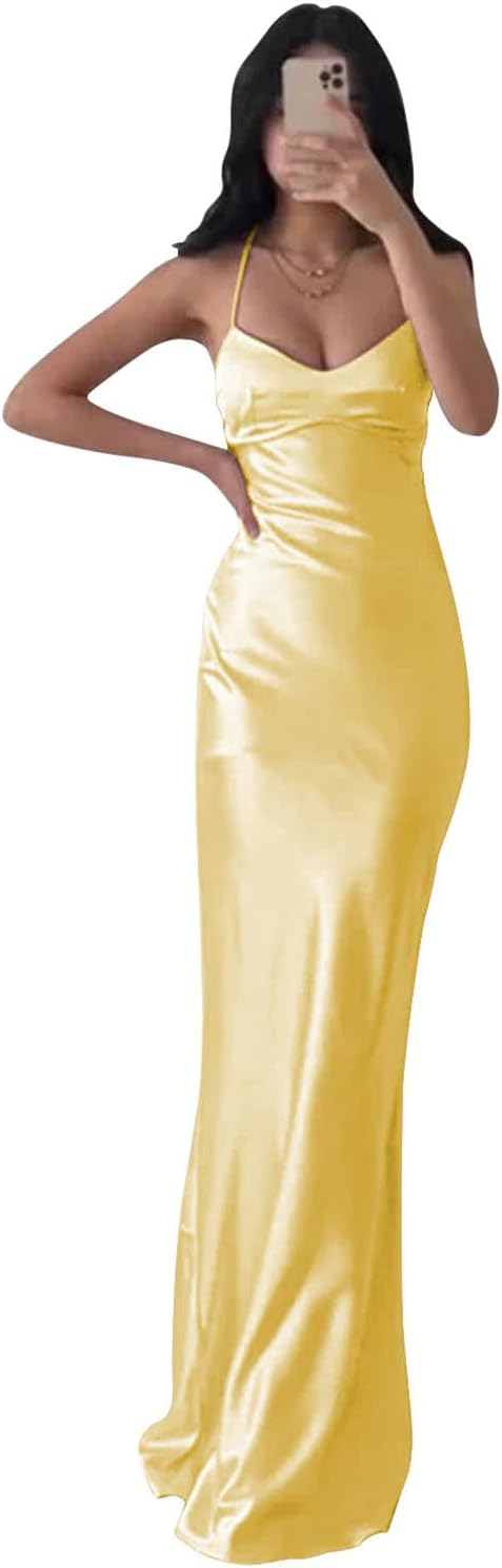 BOLENSYE Satin Bridesmaid Dresses Long Prom Dress for Women Spaghetti Strap Formal Dress Mermaid Evening Party Gown