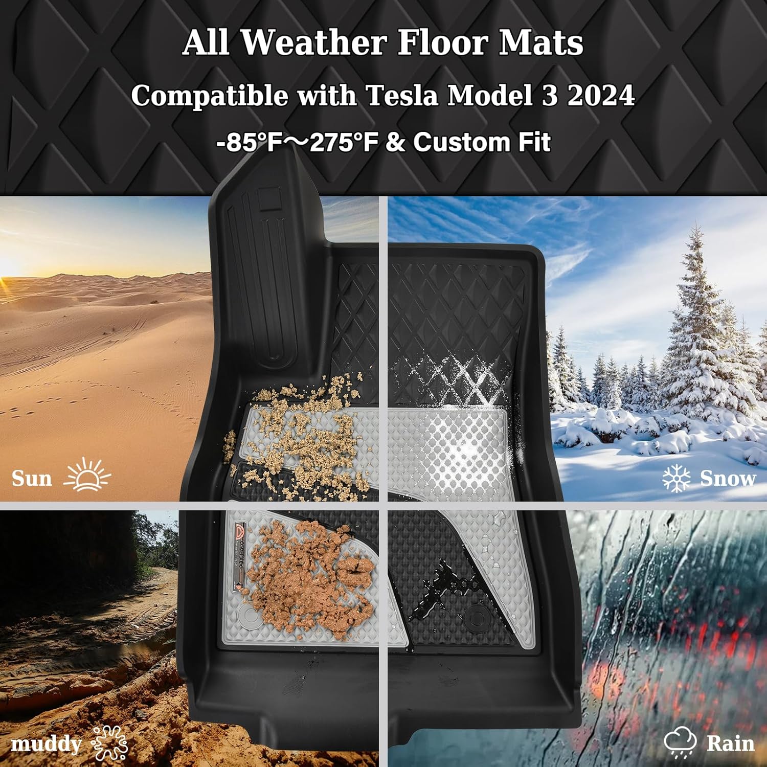 Coverado Tesla Model 3 Floor Mats 2024-2026, Custom Fit All Weather TPE Cargo Liner Floor Mats, Front and Rear Mats for 2024-2026 Tesla Model 3, Car Mats Trunk Tesla 3 Accessories (4 Pcs)