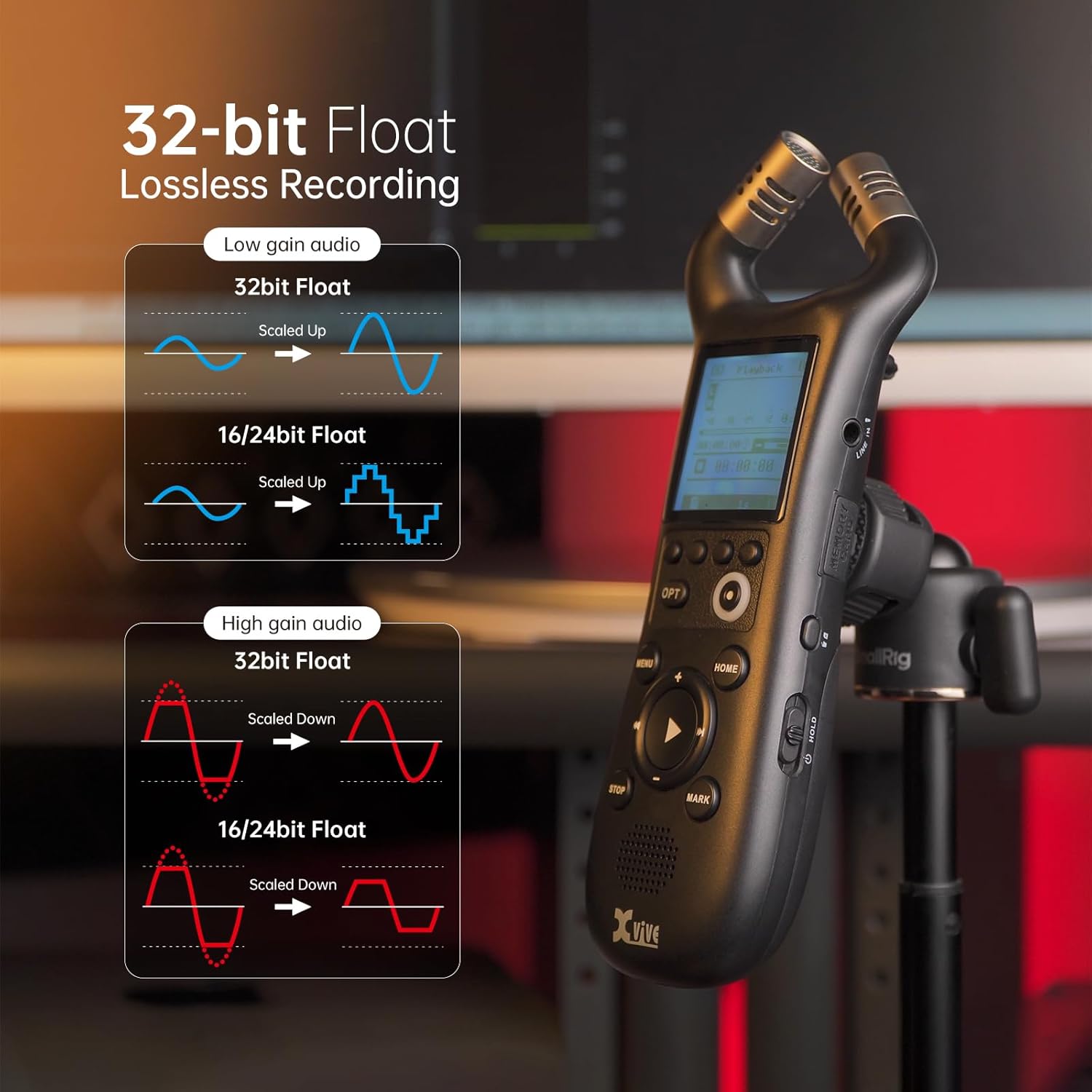 Xvive XV1-R Portable Stereo Audio Recorder with 32-Bit Float, X/Y Microphones, WAV/AAC Format, USB Microphone, Auto Record, for Musicians, Podcasters, Filmmakers