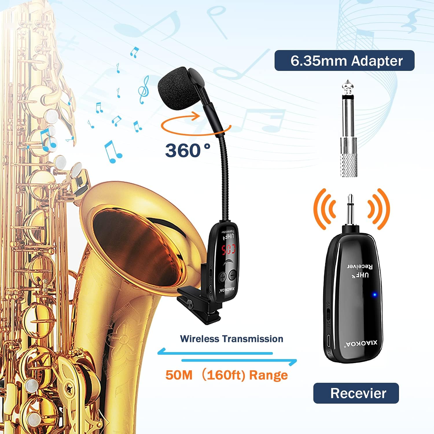 Wireless Saxophone Microphone, UHF Microphones for Sax, Charging Clip Mic with Digital Display, for Trumpet Tuba Trombone Cornet FrenchHorn Instrument Practice Teaching Street Bars Stage Performance