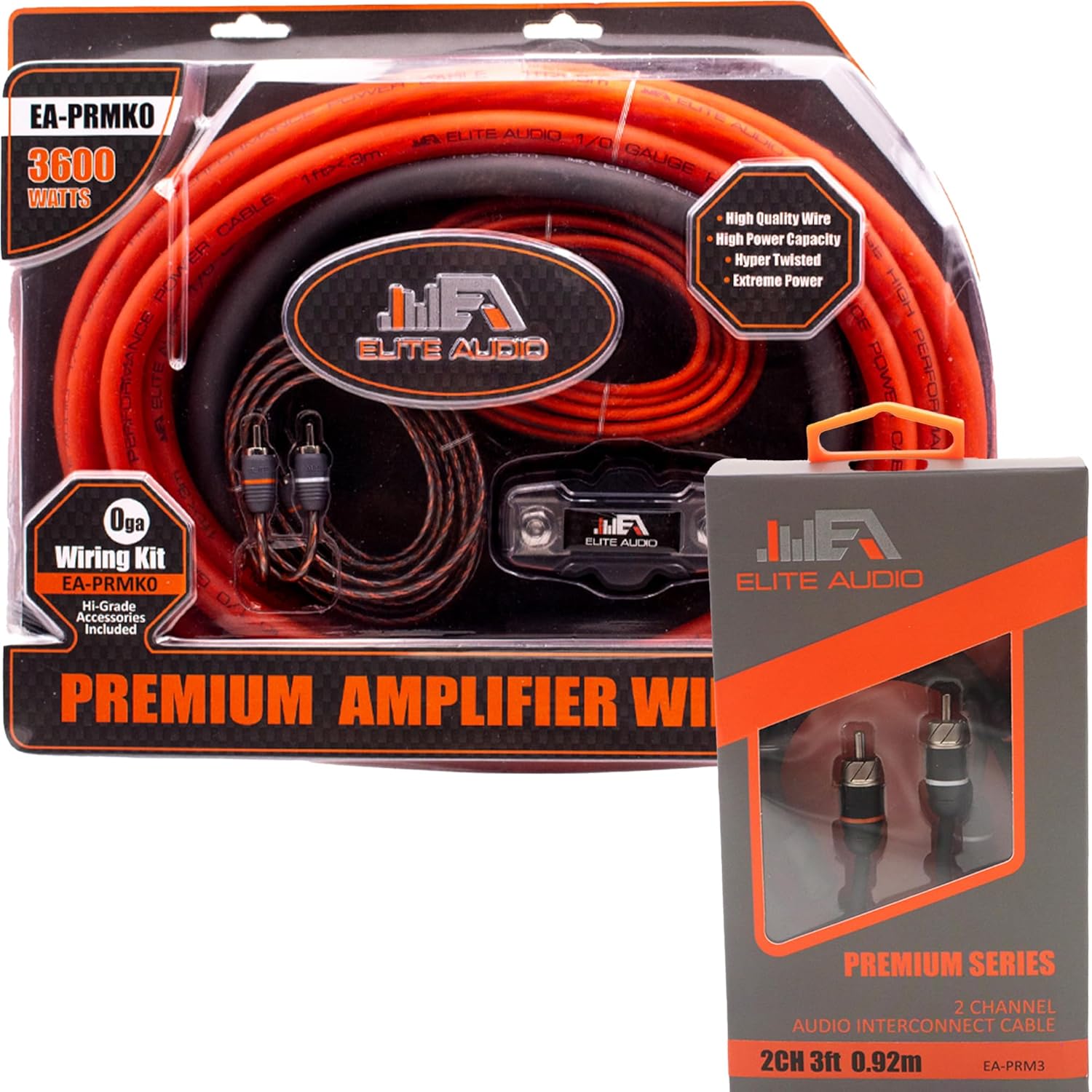 Elite Audio EA-PRMK0 + EA-PRM3 Series Amplifier Wiring Kit Bundle with 2-Channel RCA Combo - 3600w Max Power, 0GA, Cables, Dual RCA Sets, ANL Fuse and Holder