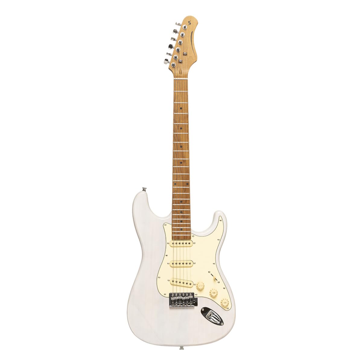 Stagg SES-55 WHB Series 55 Electric Guitar with Solid Paulownia Body l Tempered Maple Neck l 22 Fret Maple Fingerboard l Aged White 3-Ply Pickguard l See through White Blonde Finish