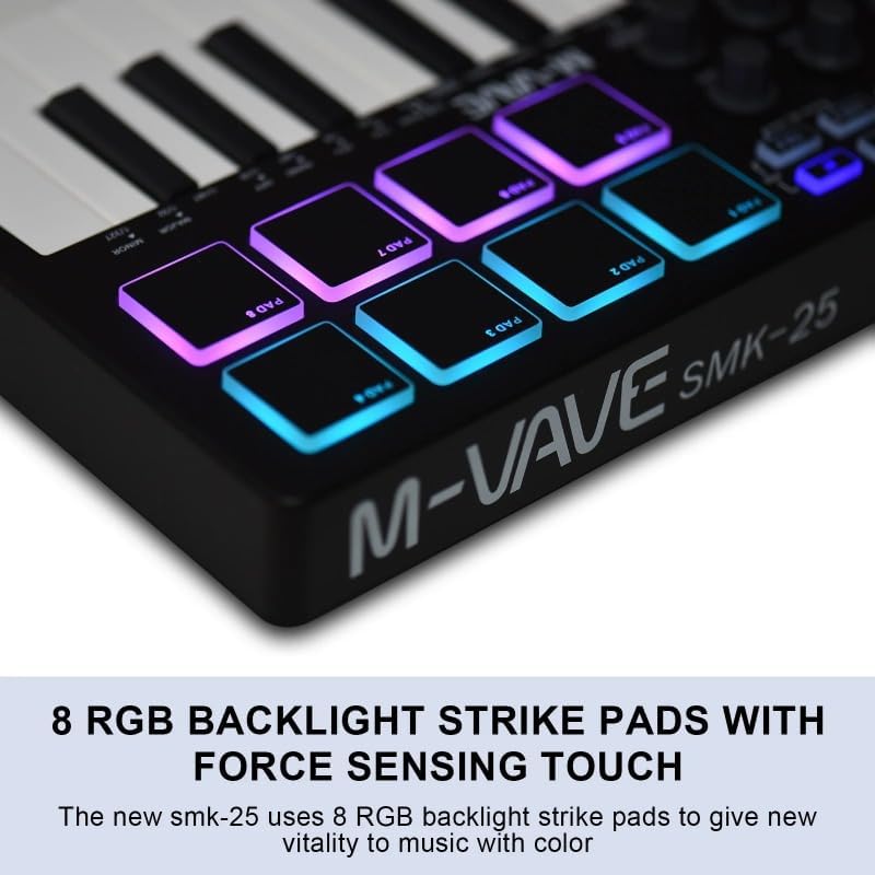 25-Key MIDI Controller Keyboard Mini USB with 8 RGB Backlit Pads, Compact MIDI Pad Sequencer & USB Music Arranger for Studio Recording & Live Performance