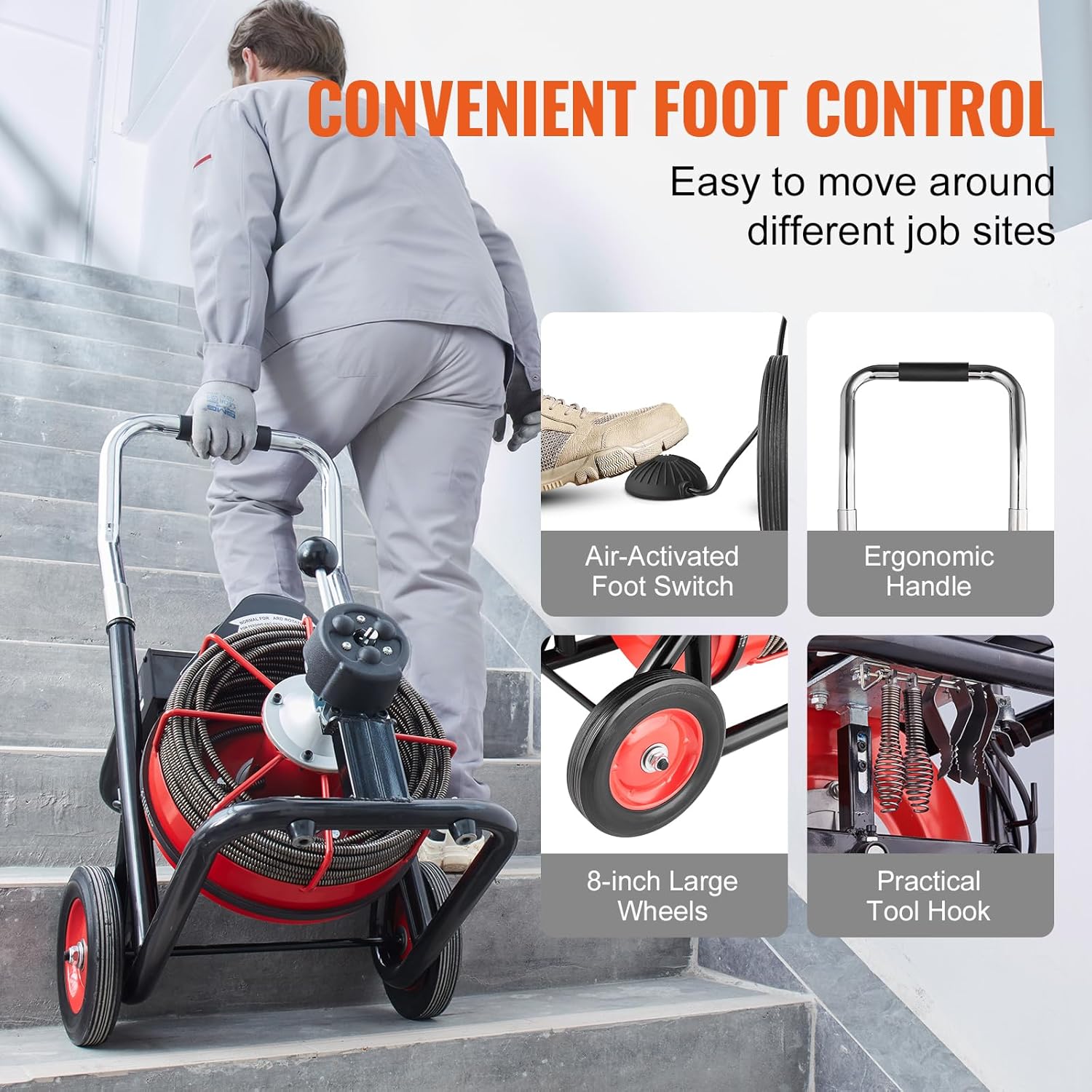 VEVOR Drain Cleaner Machine 100FT x 3/8 Inch, Auto Feed Sewer Snake Auger on Wheels, 370W Portable Drain Cleaning Machine with 8 Cutters & Air-activated Foot Switch for 2