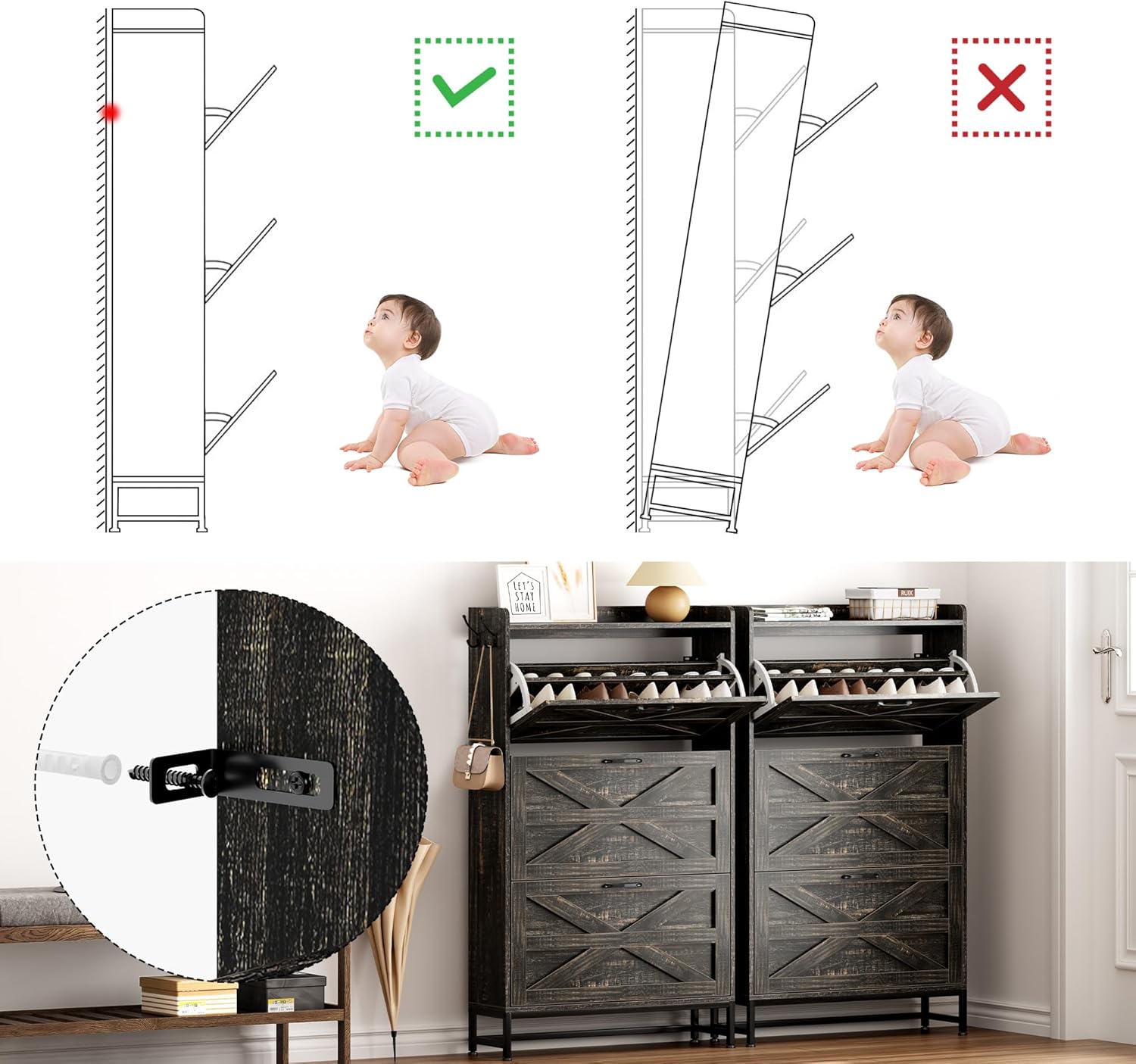 Narrow Shoe Cabinet with Wall Mount: Space-Saving Entryway Storage for Renters & Small Apartments - Rustic Brown Flip-Down Organizer with Adjustable Legs & Hooks