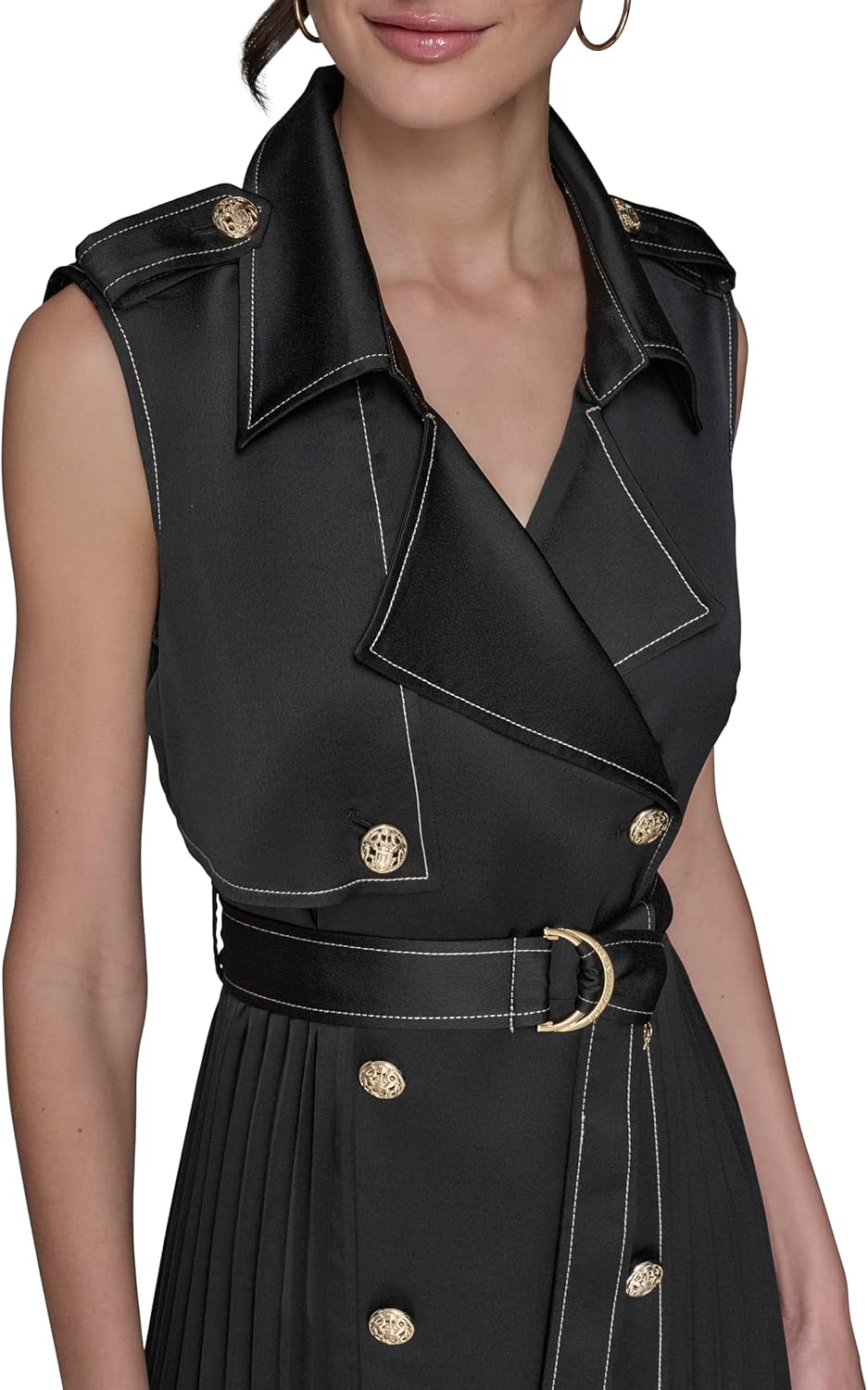 Karl Lagerfeld Womens Belted Sleeveless Satin Back Crepe Midi Dress