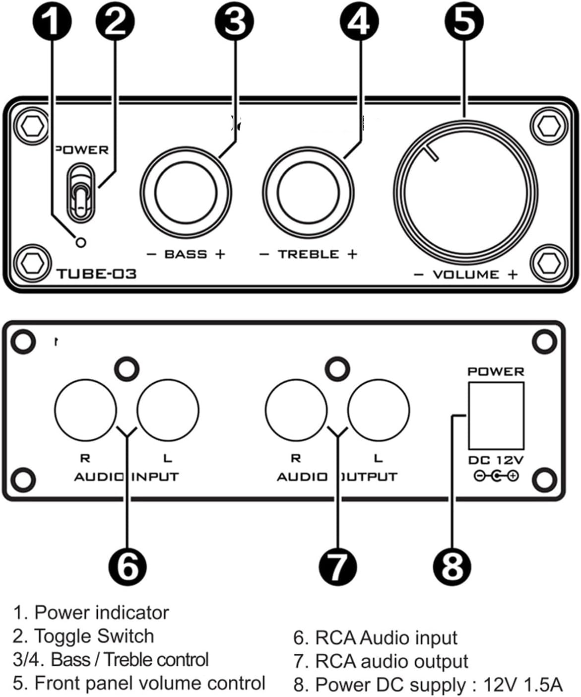 TUBE-03 Mini HiFi Audio Preamplifier 6K4 Tube Amplifier Buffer Treble Bass Adjustment Preamplifier