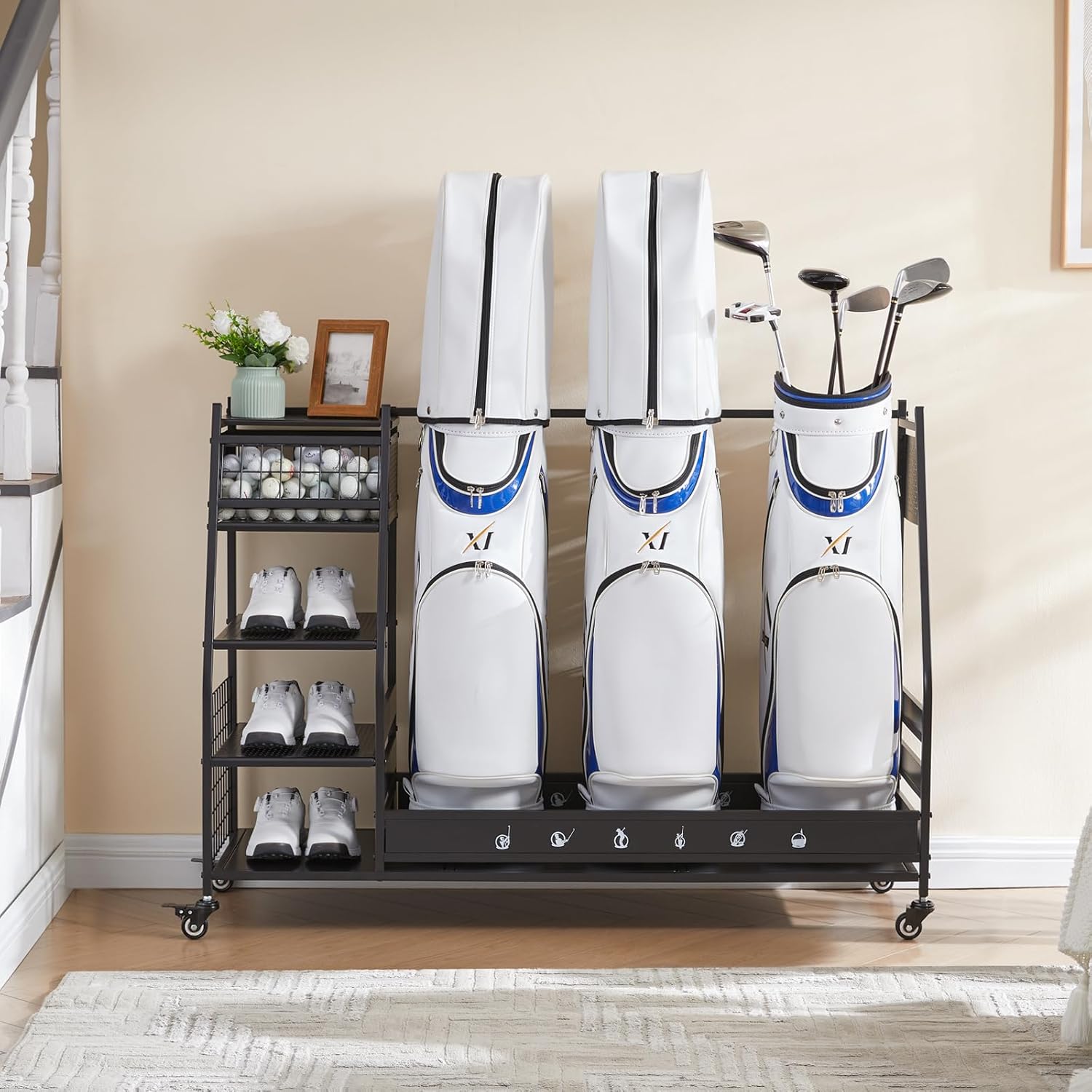 Lauren&Harold Golf Bag Organizer Garage Storage, Golf Storage Rack Stand Fits 2 Golf Bags, Golf Clubs and Other Golfing Equipment Accessories, Golf Organizer for Garage, Club, Shed, Basement