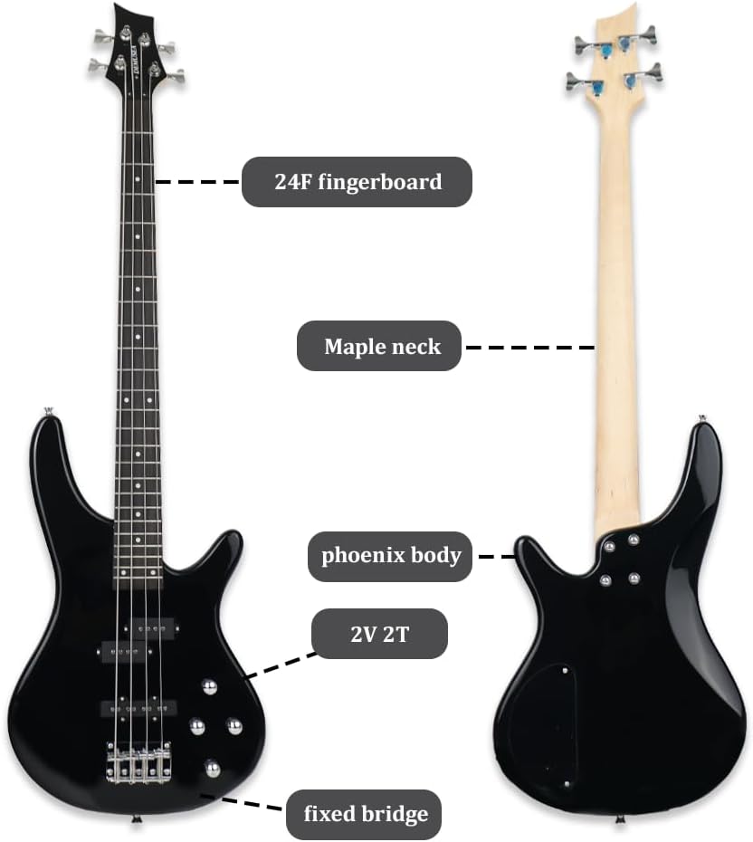 electric bass guitar full size standard 4strings glossy black 34inch scale length 24frets maple neck phoenix body fixed bridge 2V 2T control for beginner starter practice show (BK-YIB30)