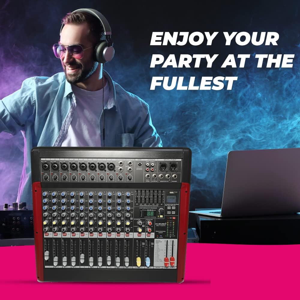 MUSYSIC PA Audio Mixer, Dual Bit FX Processor, 24 Built-in Preamp & Professional Amp, 99 Sound Effects USB/WMA/SD/MP3/Bluetooth Interface - DJ and Studio Gear with 66m Faders - 12 Channels 7 Band GEQ
