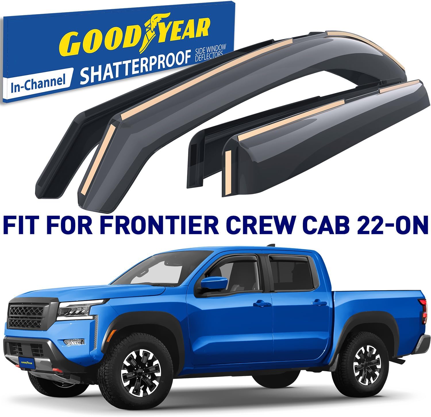 Goodyear Shatterproof in-Channel Window Deflectors for Nissan Frontier 2022-2026 Crew Cab, Rain Guards, Window Visors for Cars, Vent Deflector, Car Accessories, 4 pcs - GY007865