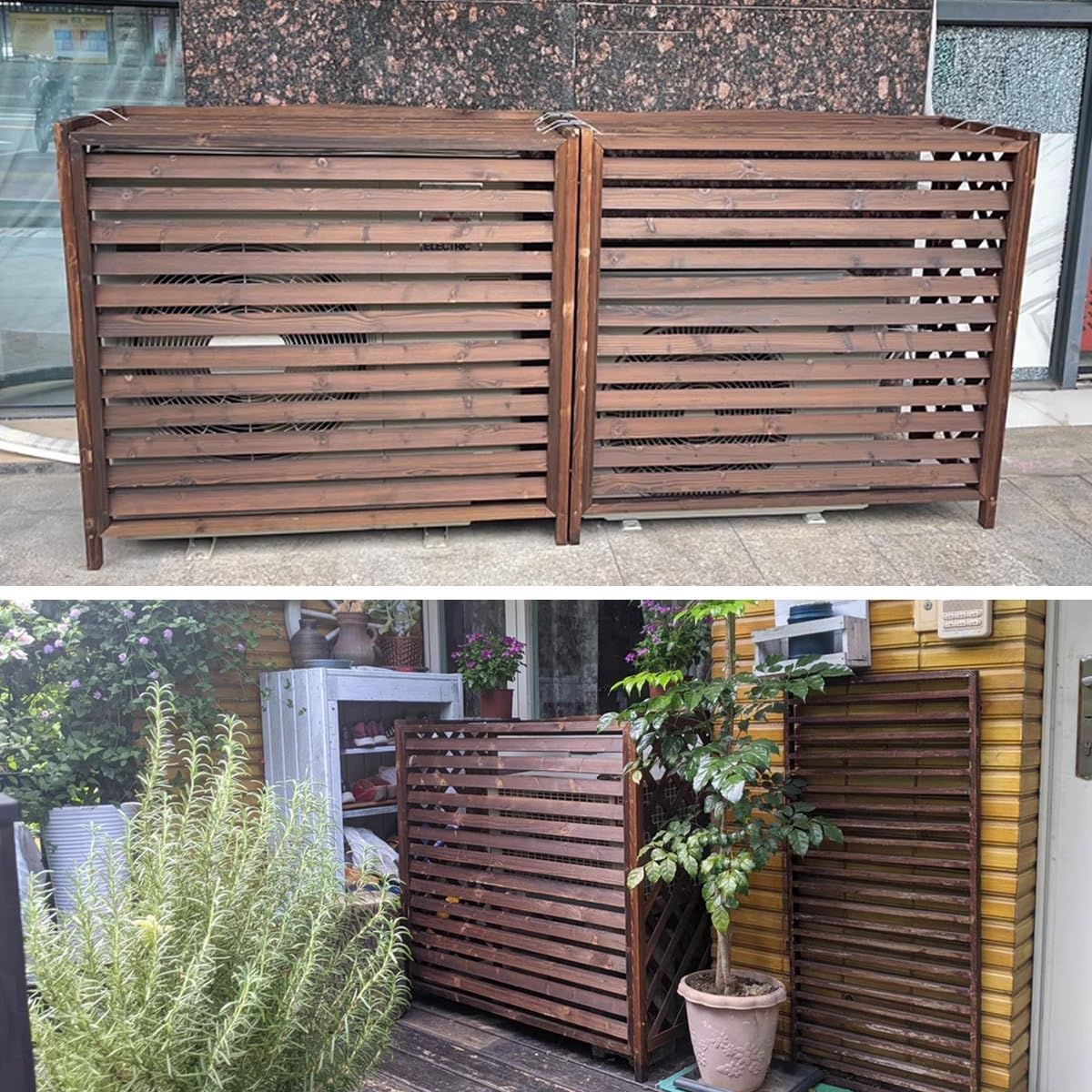 Air Conditioner Fence Screen Protective Cover Solid Wood Shelf Plant StorageDecorative Louvered Frame for Outside to Hide Condensing Unit for Outdoor Privacy(Brown,L105cm*W47cm*H80cm)