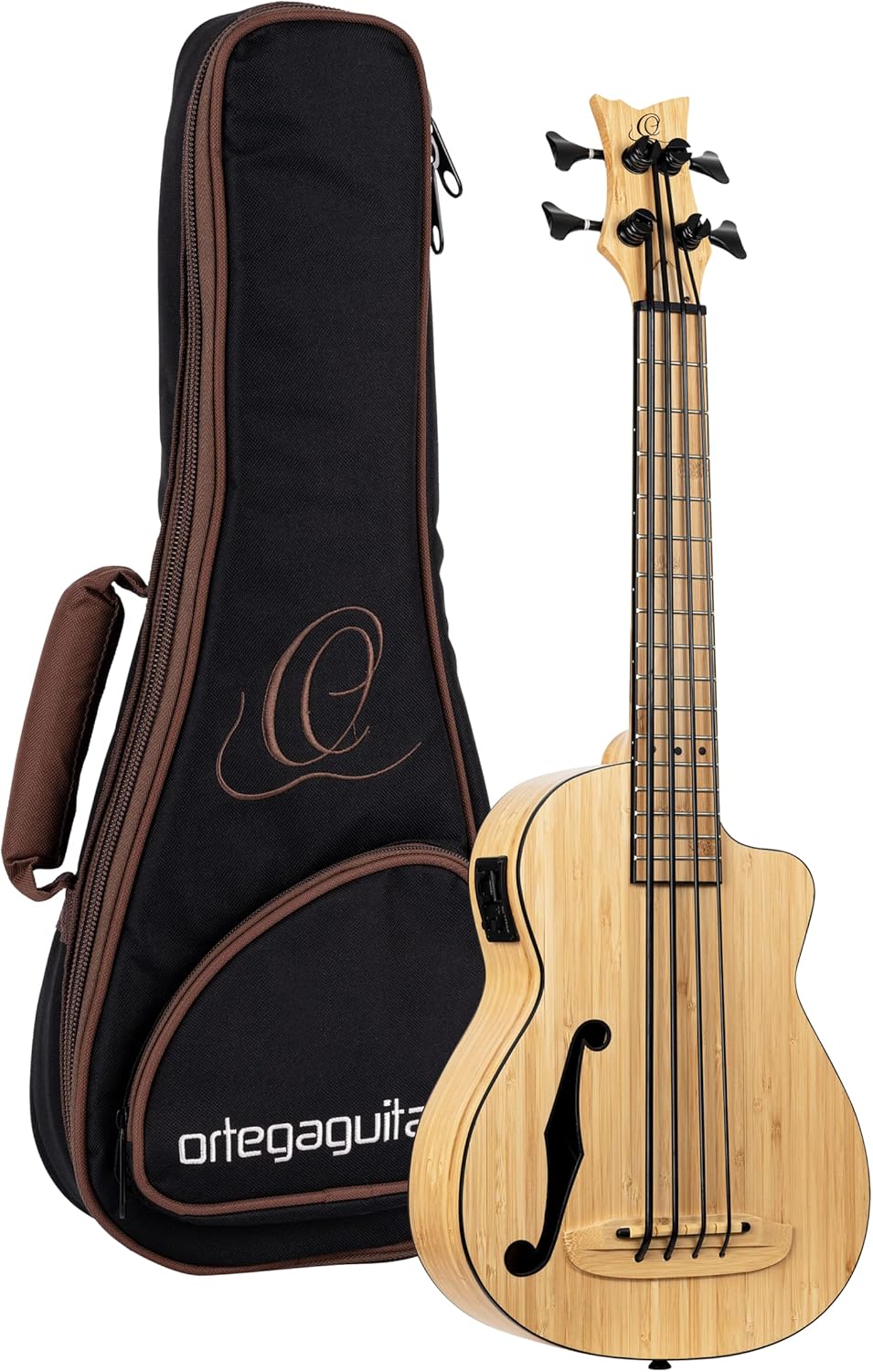 Ortega Guitars 4 String Bamboo Series All Solid Acoustic-Electric Uke-Bass w/Bag, Right-handed, Natural, (RUNAB-UB)