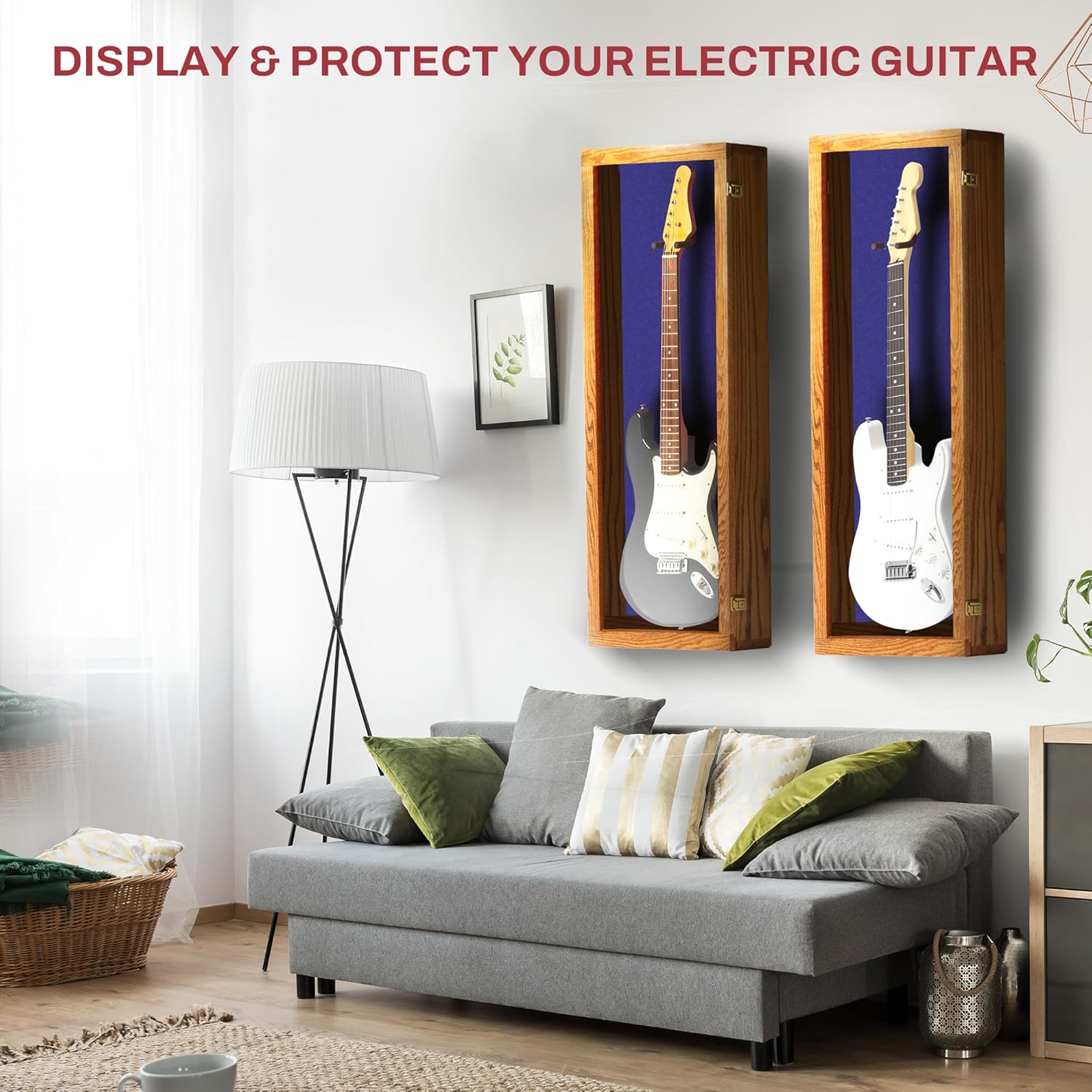 PENNZONI Electric Guitar Display Case - Acrylic Guitar Display Case Wall Mount Made from Hardwood & Clear Acrylic - Natural Oak w/Blue Felt