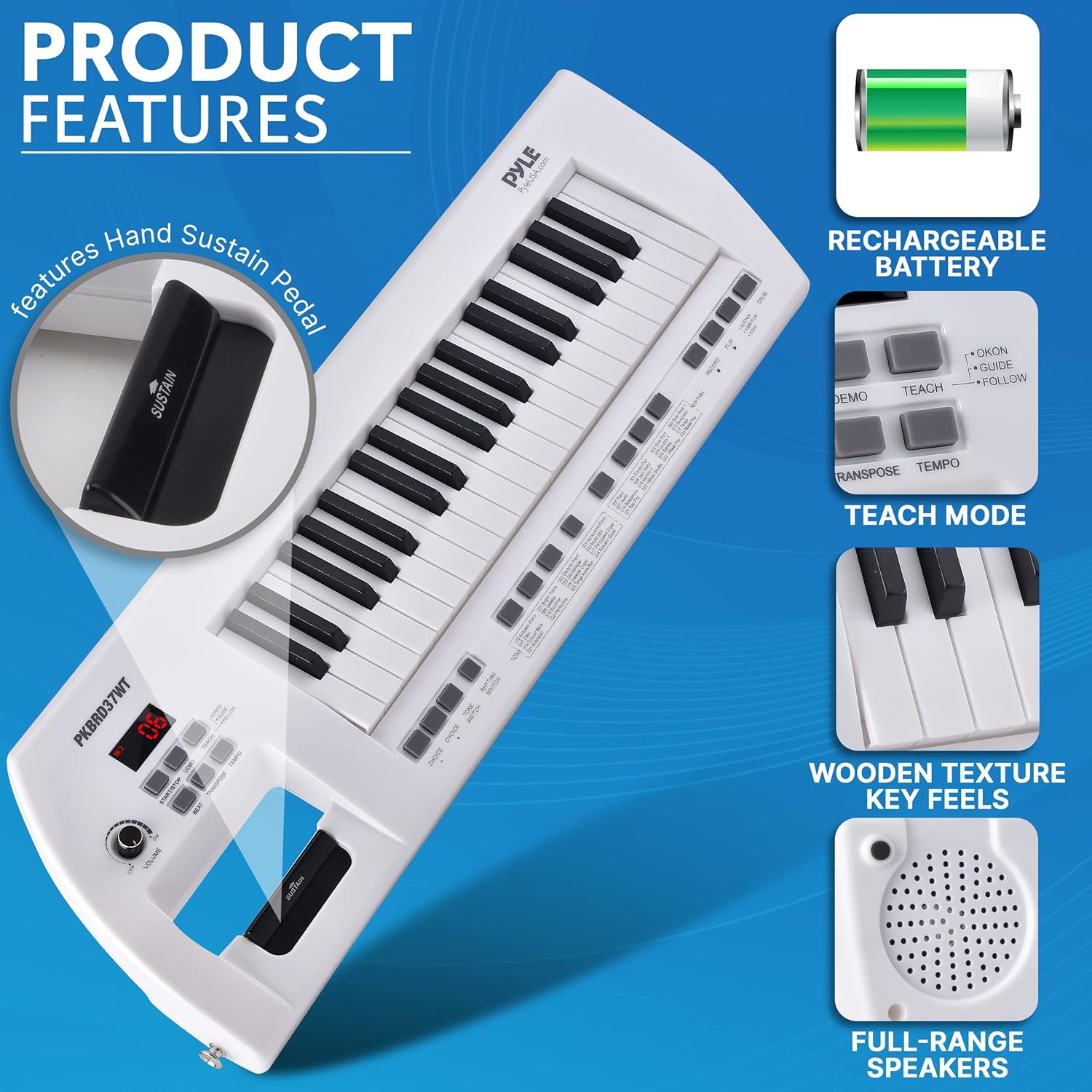 Pyle Portable Piano Keyboard, Compact Design 37 Key Electronic Piano Keyboard & Digital Musical Board with Built-in Rechargeable Battery, Wired Mic, Speakers & Carry Strap, 27.7’’ x 8.8’’, White