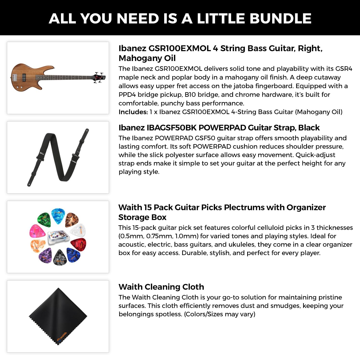 Ibanez GSR100EXMOL Electric Bass Guitar (Mahogany Oil) - Right Handed Poplar Body Bass with GSF50 Powerpad Strap, 15 Pack Guitar Picks with Storage Box & Microfiber Cleaning Cloth (Bundle Set)