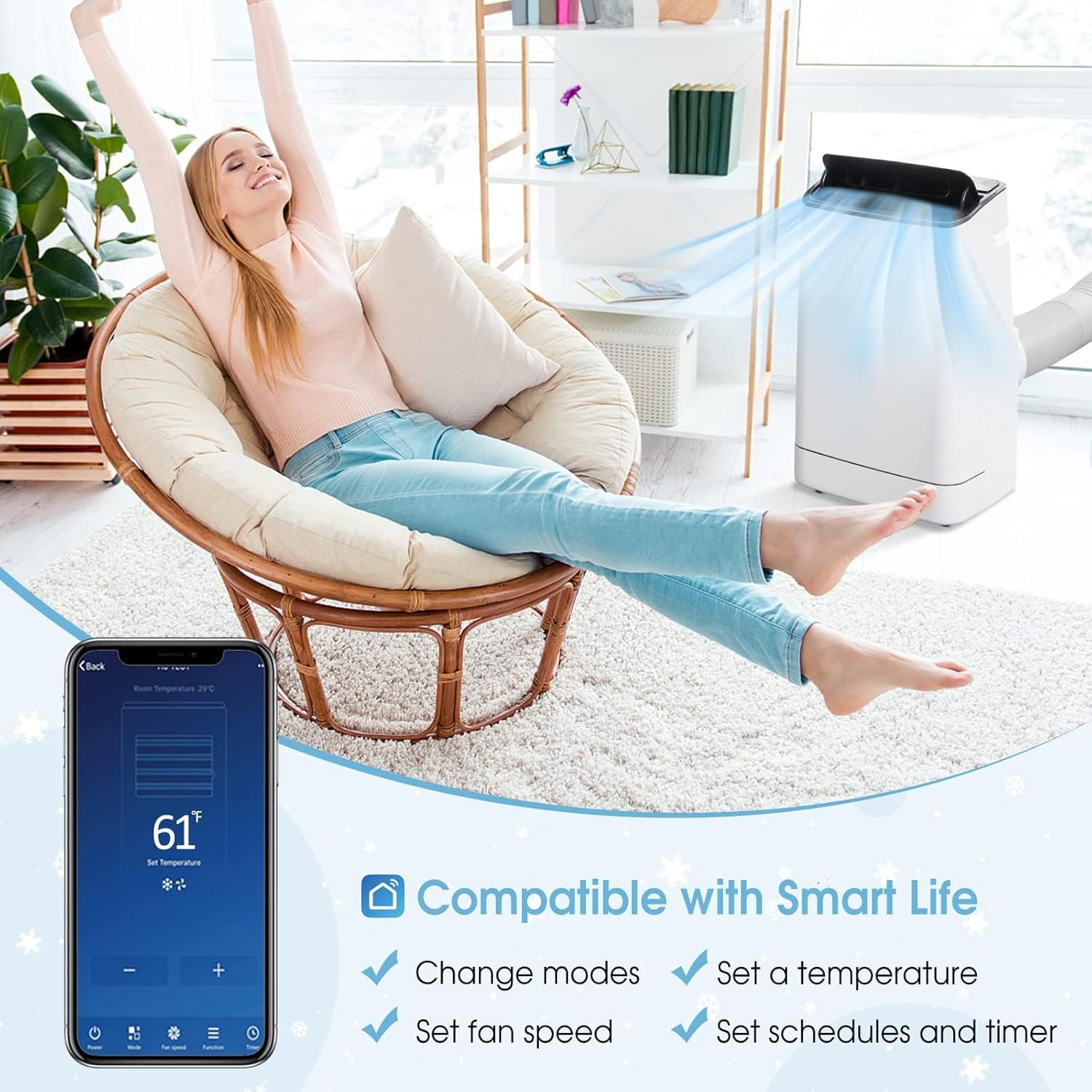 DORTALA Smart Portable Air Conditioner & Heater Combo, 15000 BTUs Stand up AC Unit with Heat, Dehumidifier, Fan, 24H Timer, Remote Control/APP Control & Window Kit, Rooms up to 800 Sq.ft