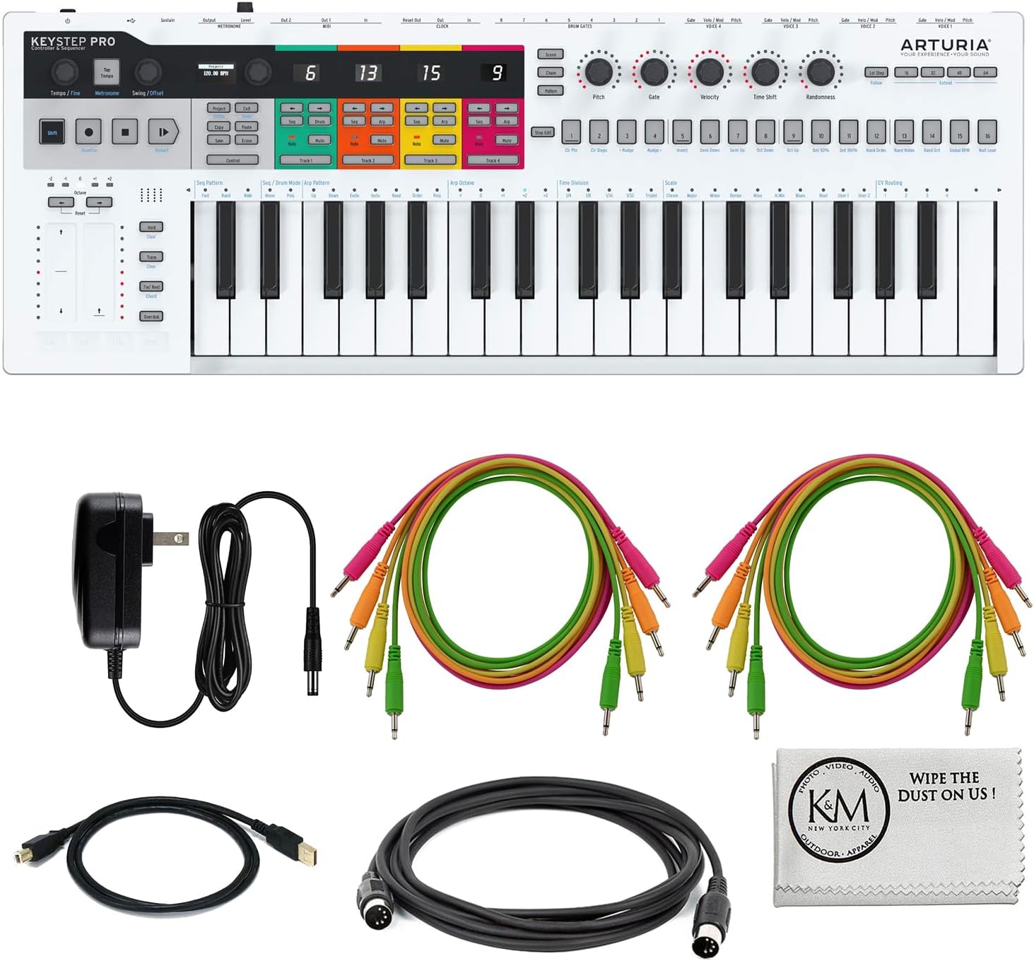 Arturia KeyStep Pro Multifunctional Sequencing and Performance Controller (White) with 6ft MIDI Cable + 2 Pack Mono Patch Cables | 4PK + Cloth (5 Items)