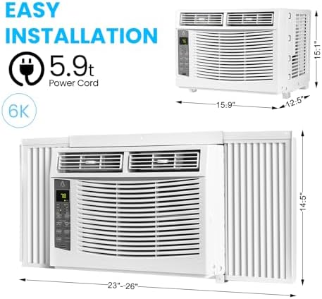 Window Air Conditioner 6000 Btu，Air Conditioner Window Unit Efficient Cools Up to 250 Square Feet，Window Ac Units with Remote, 3 Cooling & Fan Speeds, Window Install Kit