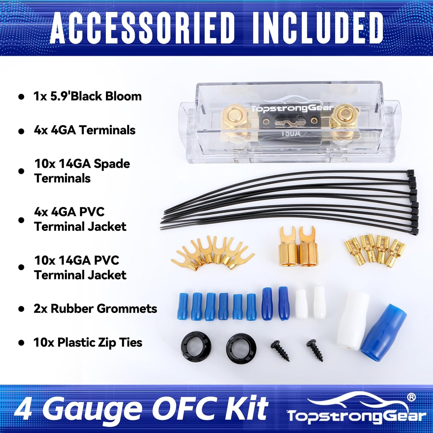 TOPSTRONGGEAR 4 Gauge OFC Amp Kit Car Audio Amplifier Wiring Install Kit with RCA Cables, 150A Fuse, 17FT Power Cable – 4 OFC Complete Subwoofer Installation Kit for Car, Truck, Marine Stereo Systems
