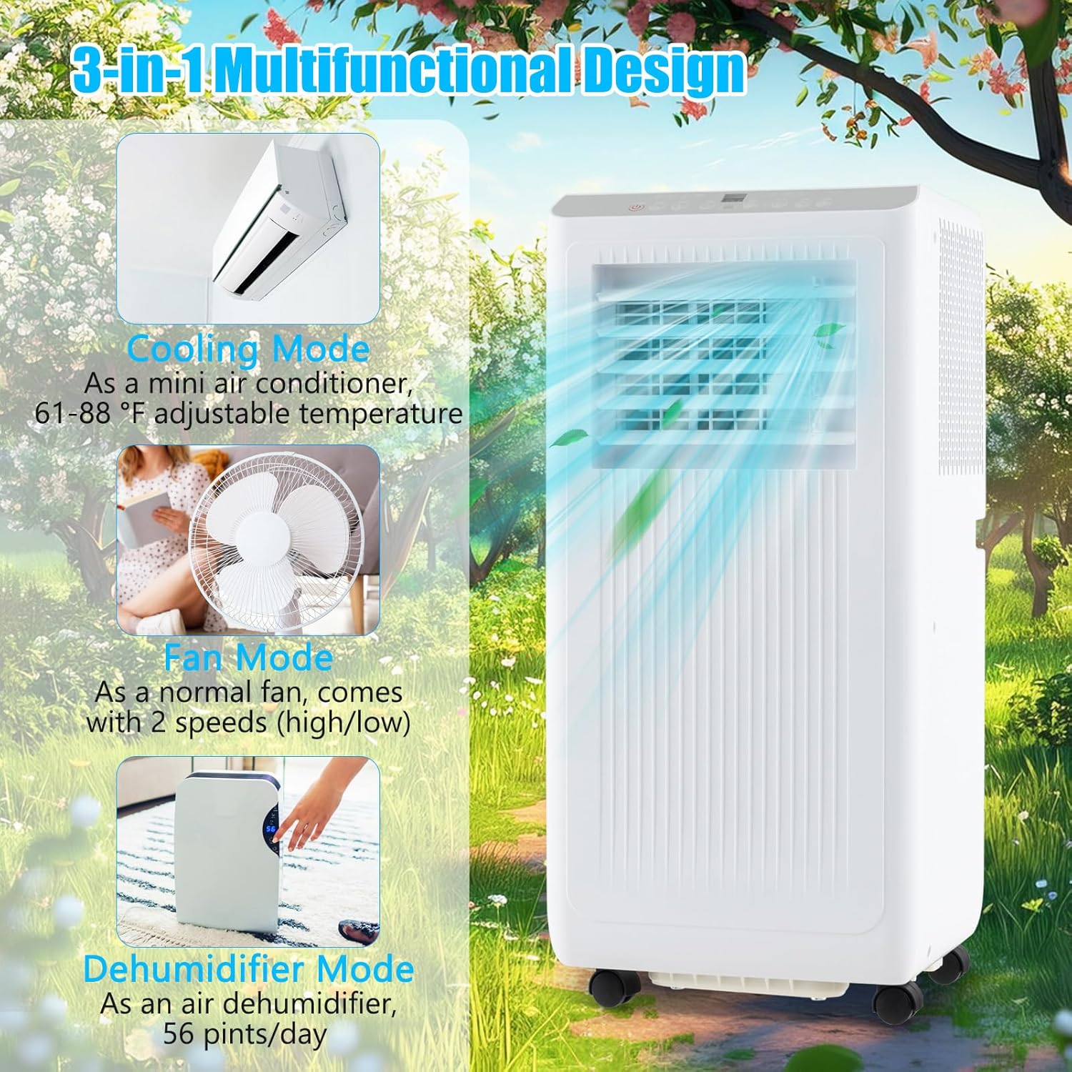 GOFLAME 10000BTUS Portable Air Conditioner for Rooms up to 250 Sq.Ft, 3-in-1 AC Unit on Wheels w/Cooling, Fan, Dehumidifier, Sleep Modes, 24H Timer, Remote Control Installation Kit, Floor AC Unit