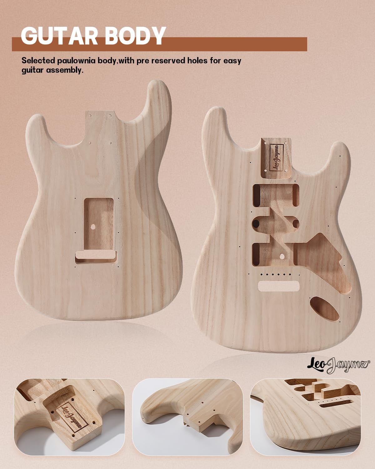 Leo Jaymz DIY ST Style Electric Guitar Kits with Paulownia Body and Maple Neck - Laurel Wood Fingerboard,Strip and All Components Included (ST Paulownia)