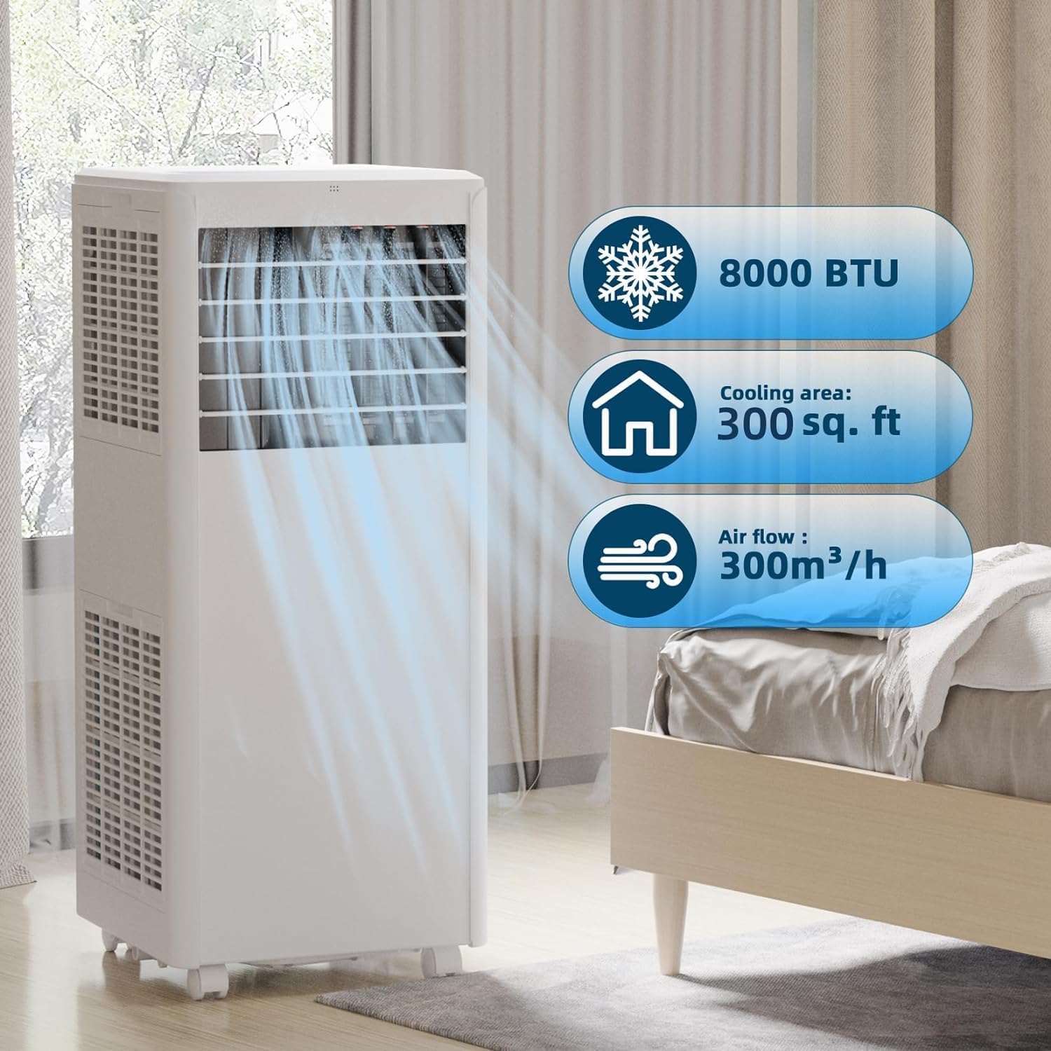 Portable 8000 BTU Air Conditioner with Dehumidifier & Fan – Cools Rooms Up to 300 Sq.Ft, Includes Remote Control for Bedroom, Kitchen, or Office