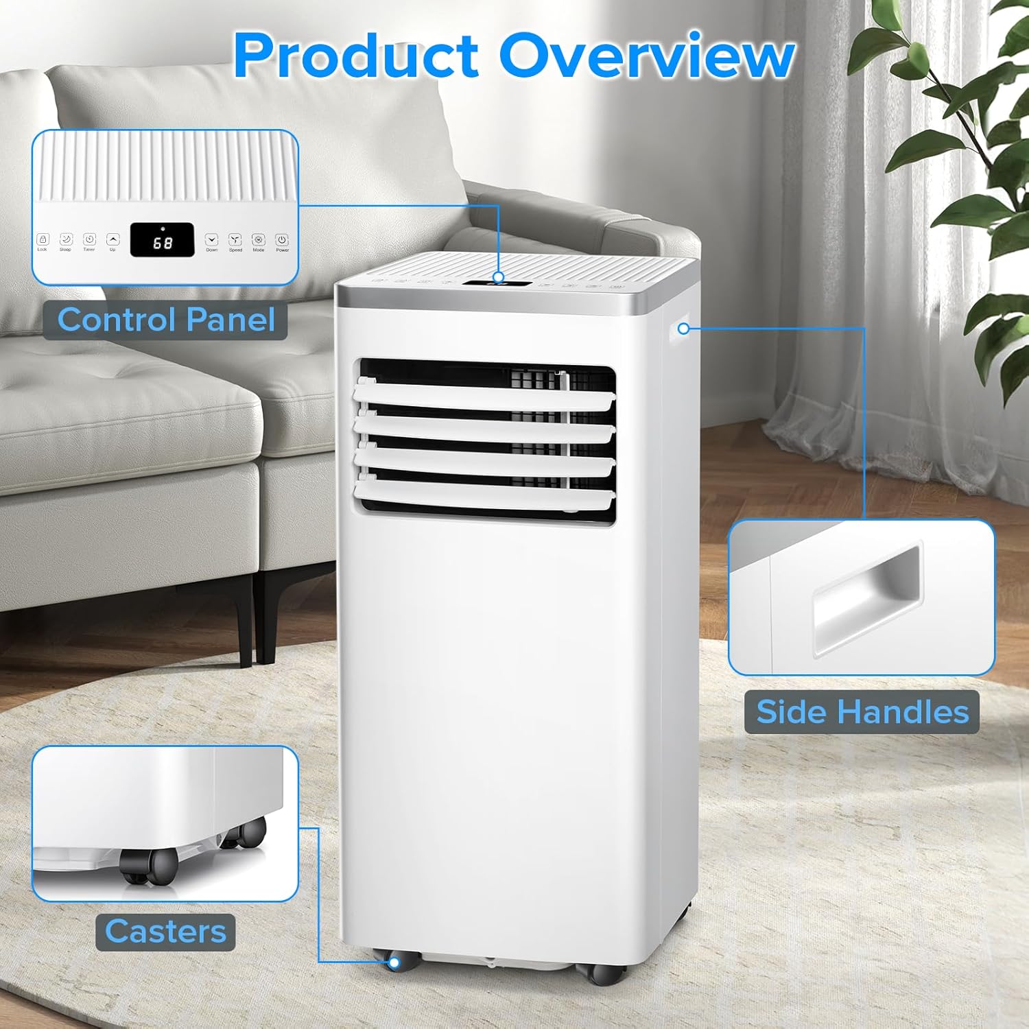 ZAFRO Portable Air Conditioner 8000 BTU (ASHRAE) Cools up to 350 Sq. Ft., Remote Control, LED Display, 4-in-1 Modes Portable AC Unit with Window Kits for Bedroom, Home, Dorm, Office, White