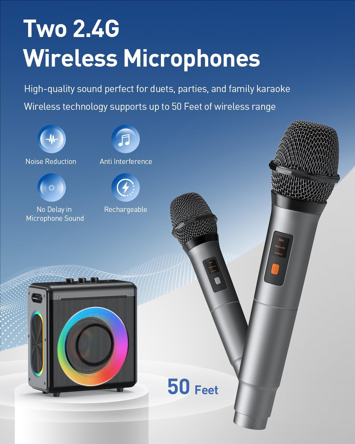 Karaoke Machine with 2 Wireless Microphones: Portable Bluetooth Speaker for Adults & Kids - PA System with Lights Supports TWS/TF Card/USB/AUX for Home Party-Stage Subwoofers