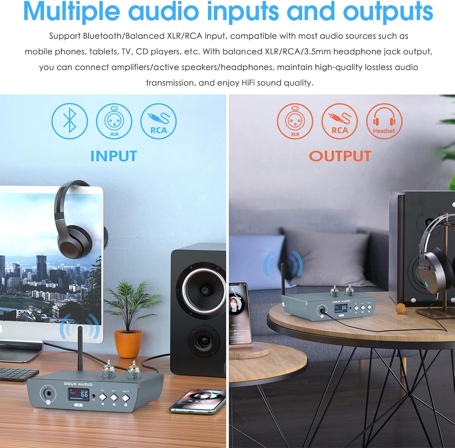 Douk Audio HiFi Tube Bluetooth Preamp Receiver Balanced XLR/RCA Pre-Amplifier Headphone Amp (H8)