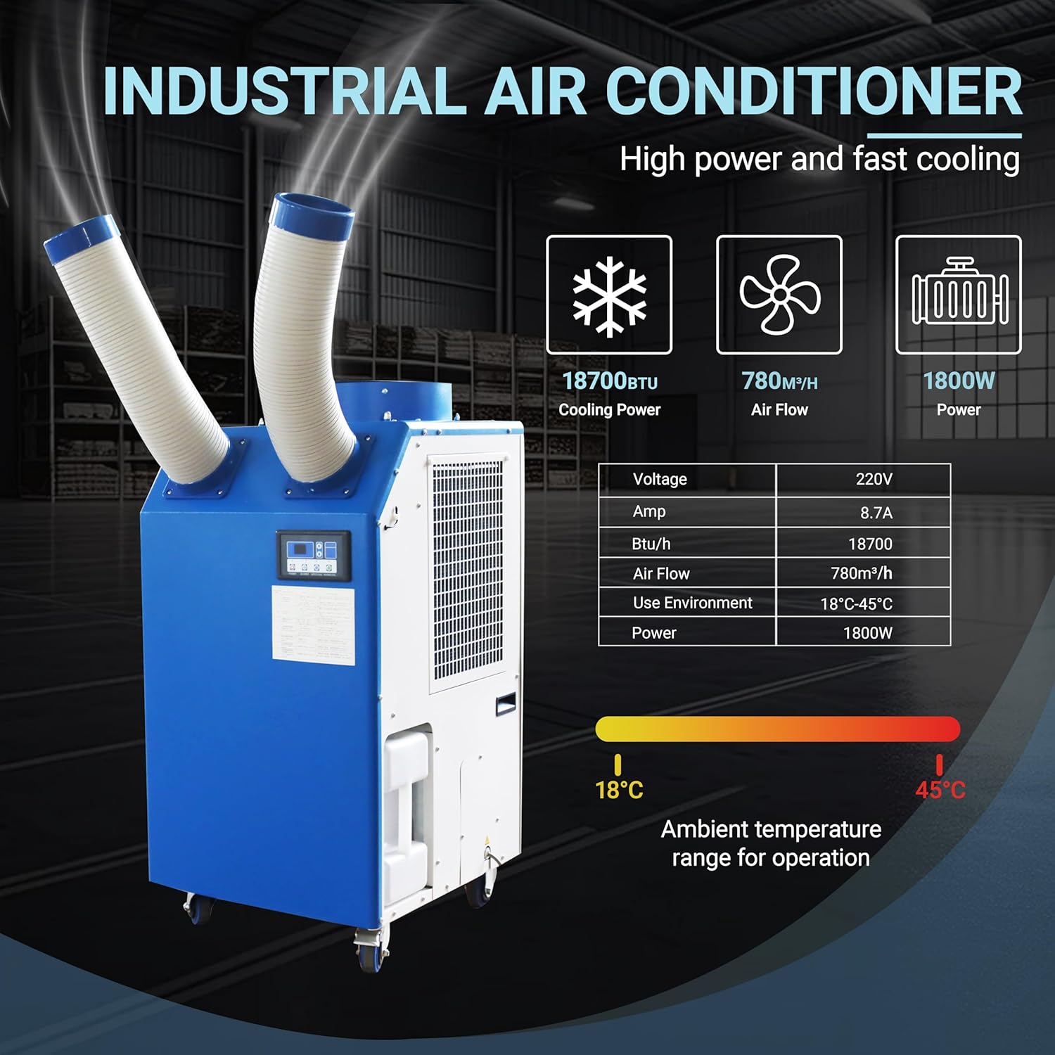 Industrial Air Conditioner 18700BTU/H Industrial Spot Cooler Air Conditioner with 3.7Gal Water Tank Portable Mobile Spot Cooler Double Ducts 1.8KW 220V