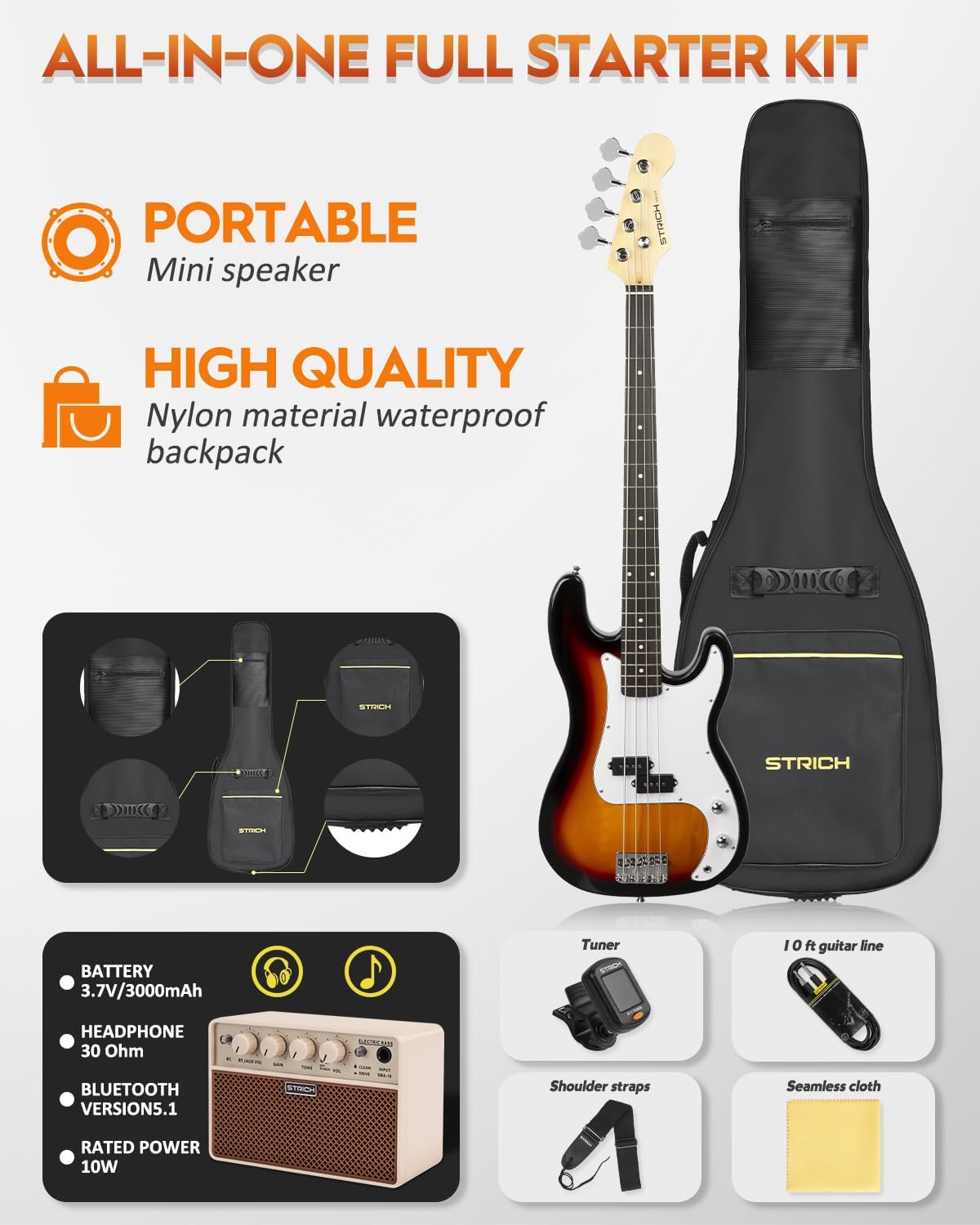 STRICH Electric Bass Guitar 4 Strings Full-Size Beginner Kit, PB-Style Standard Bass for Starter with 2 x 5w Amp, Bag, Tuner, Strap, Cable, SPB-S10 Sunburst