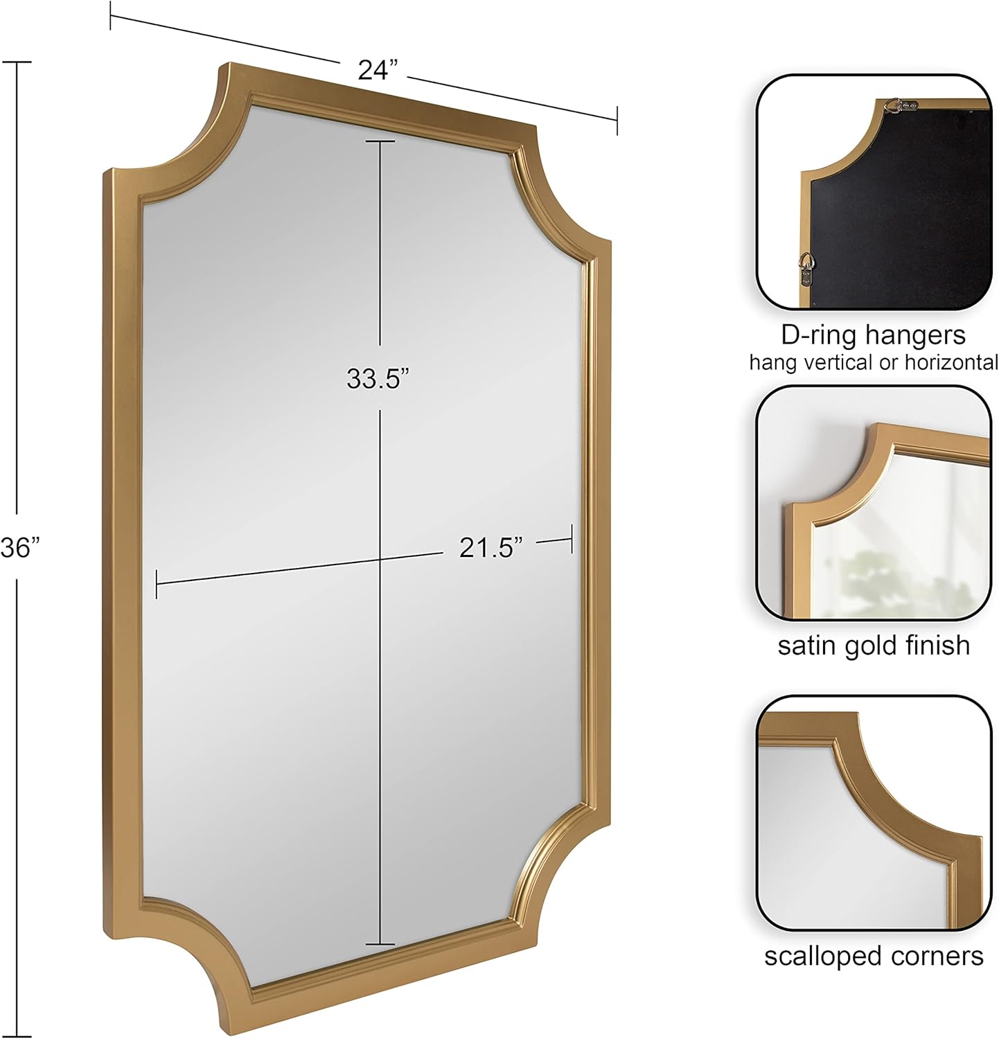 Kate and Laurel Hogan Wood Framed Wall Accent Mirror with Scalloped Corners, 24x36 Inches, Gold