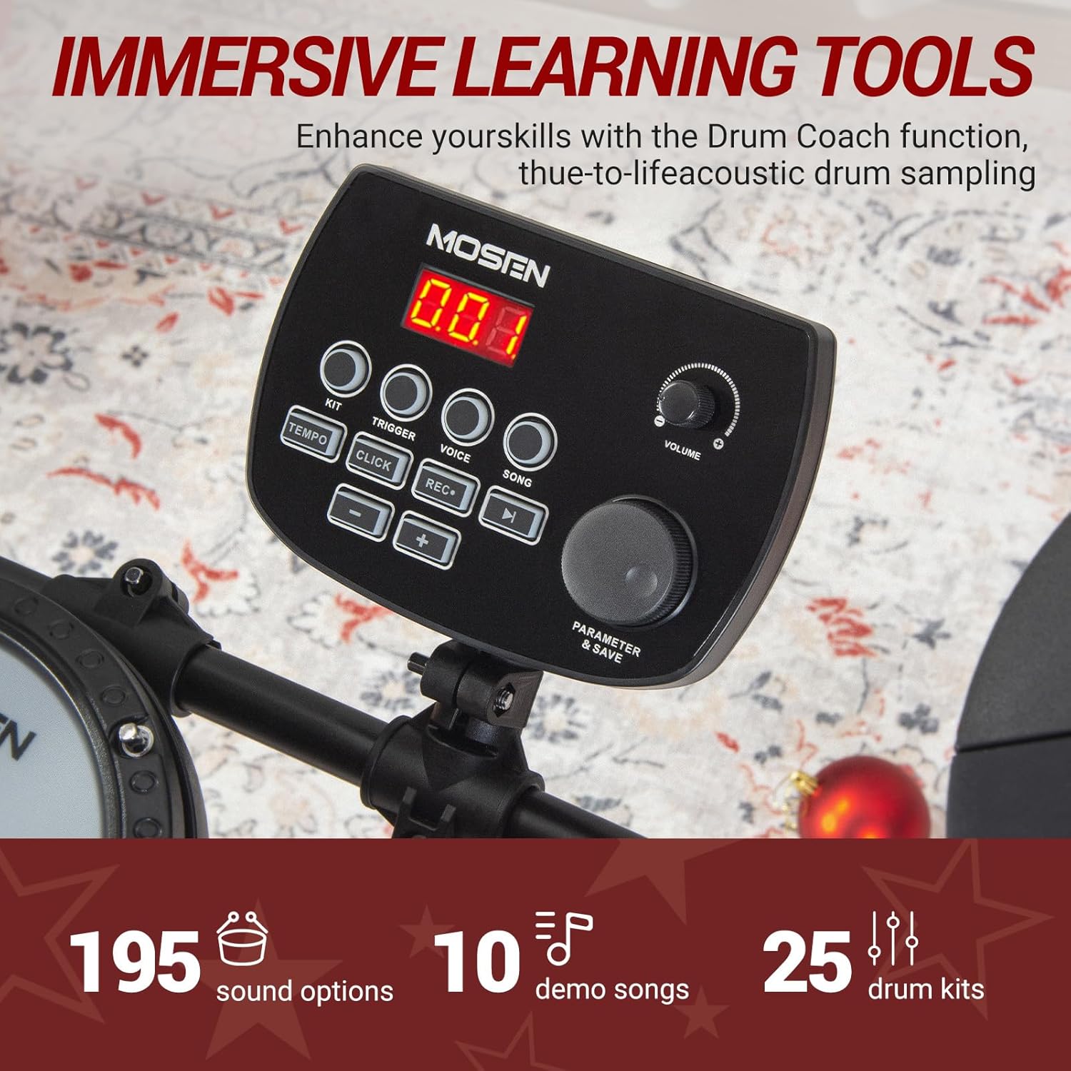 MOSEN Electric Drum Set with 4 Quiet Mesh Drum Pads, Cymbals, Sticks, Headphones, USB MIDI, Kick Pedal, 195+ Sounds and 25 Drum Kits for Beginner MED-X3