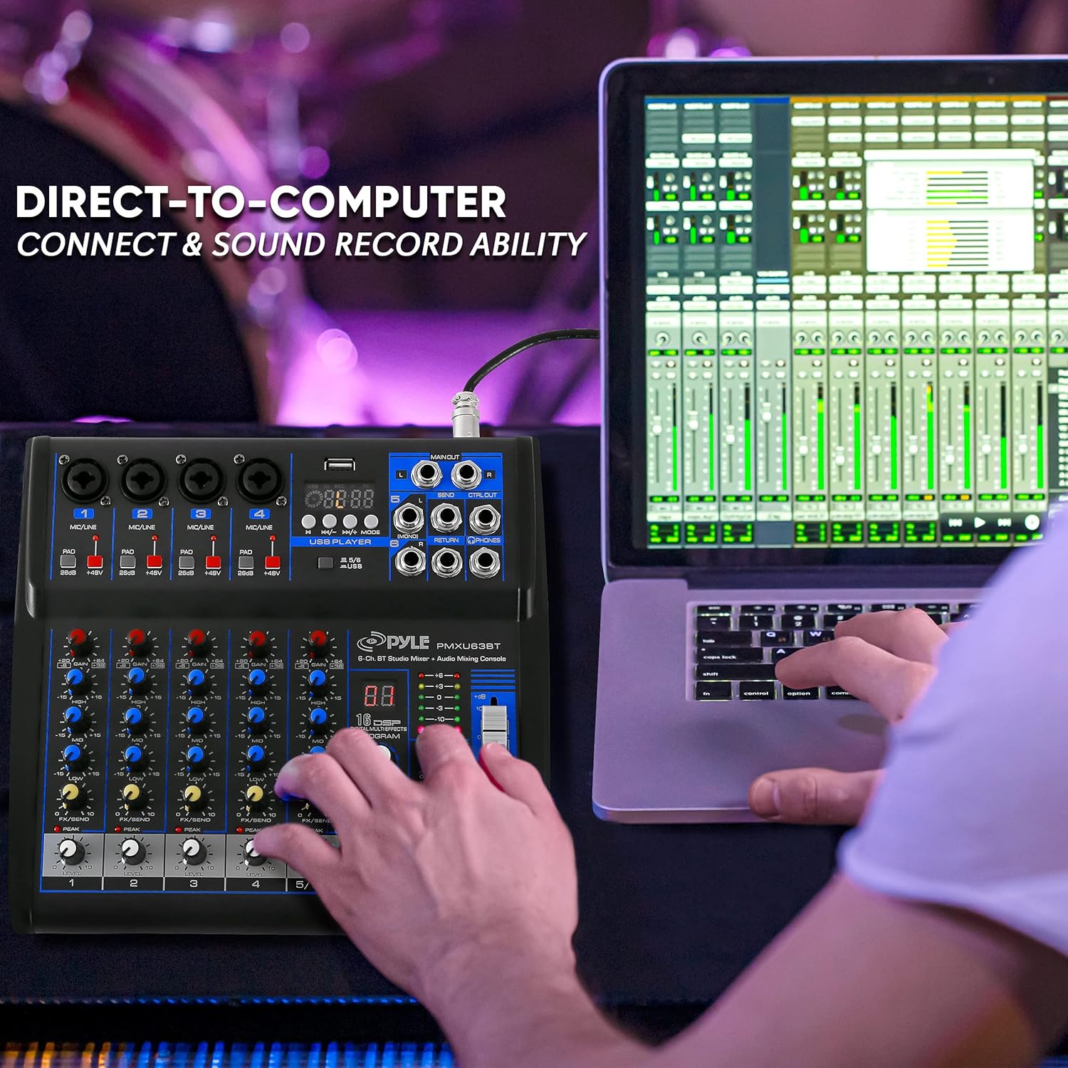 Pyle 6-Channel Professional Audio Mixer - USB - Bluetooth - 48V Phantom Power - Digital MP3 Input - FX 16-Bit DSP - Desk System Interface - PMXU63BT