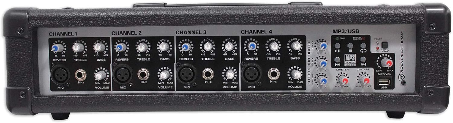 Rockville RPM45 1800w Powered 4-Channel Mixer Amplifier, USB, EQ, Effects, Phantom Power, Durable Wooden Enclosure, Compact Design, for Musicians and Small Venues