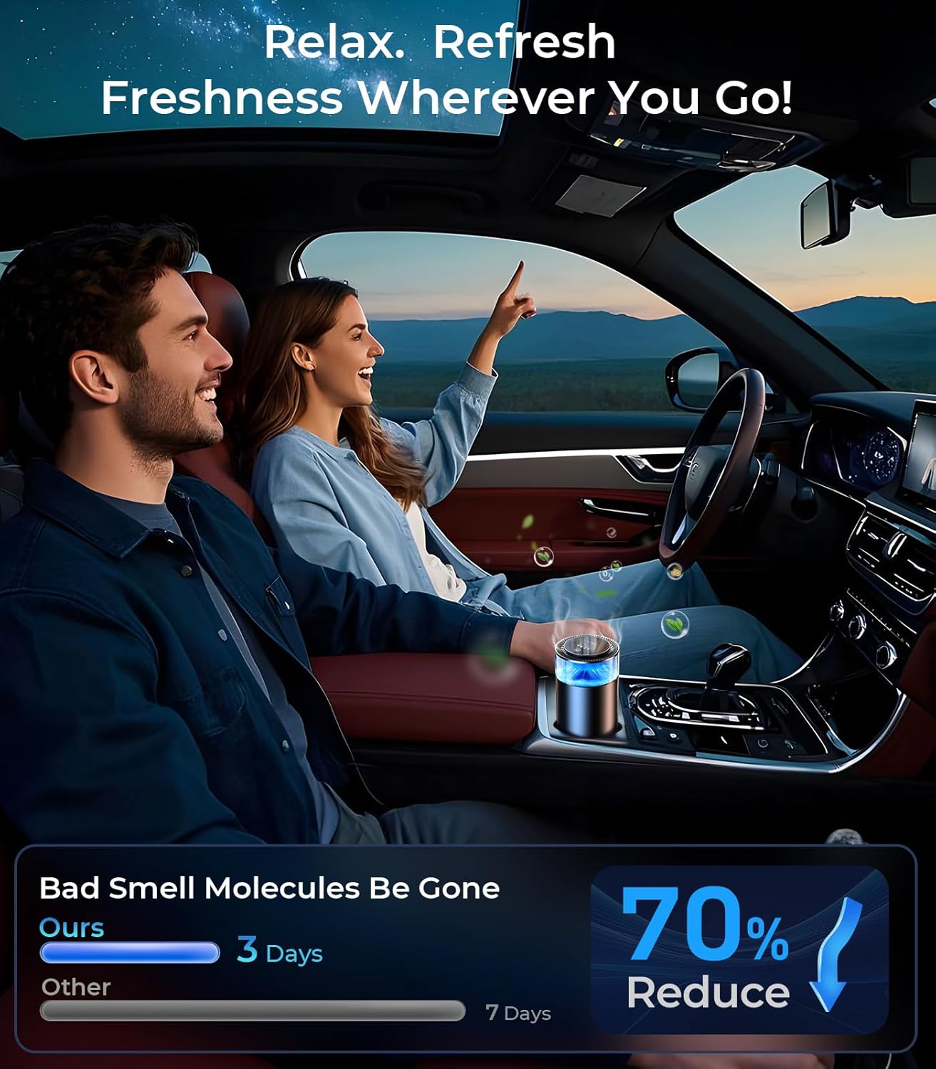Smart Car Air Fresheners, Ambient Light & Mist Fragrance, Auto On/Off Car Air Freshener Diffuser, Adjustable Intensity, Lasts 6 Months, Built-in Battery, Premium Scents Refill X2 - Mystic Ice