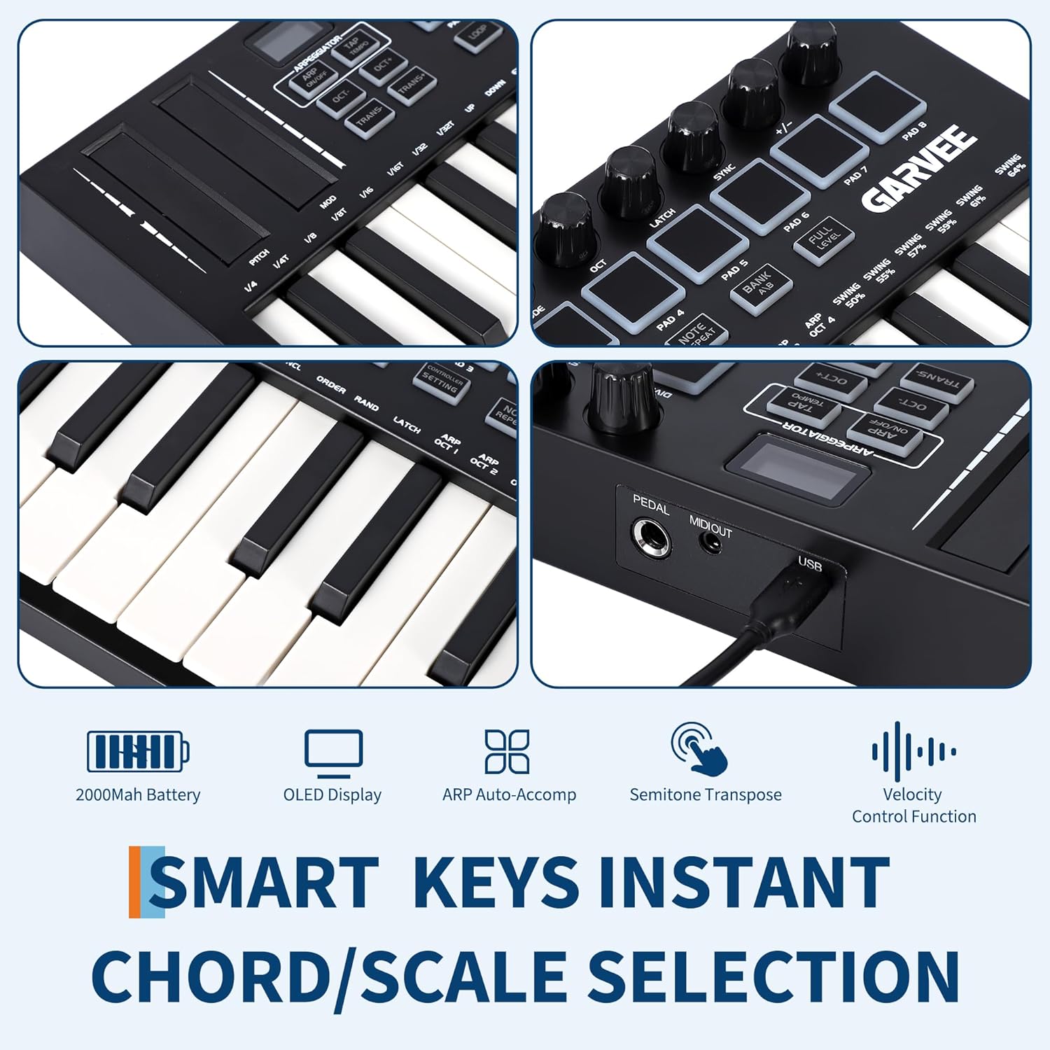 25 Key MIDI Keyboard Controller - Bluetooth/USB DAW Integration with 8 Drum Pads & 8 Knobs, OLED Display, Compact Portable Keyboard for Music Production