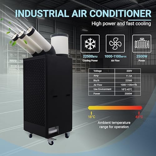Industrial Air Conditioner 22500BTU/H Portable Air Conditioner Industrial Grade with 3.4Gal Water Tank Portable Mobile Spot Cooler Three-Duct 2.5KW 220V