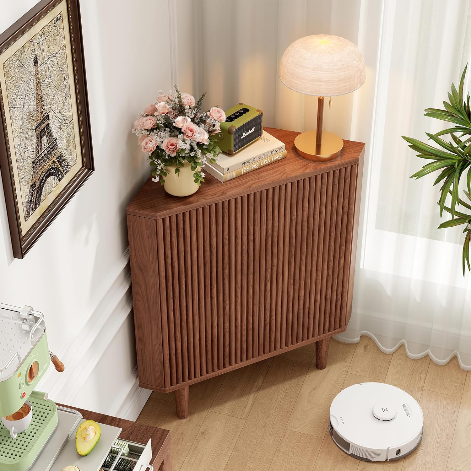 Fluted Floor Corner Kitchen Cabinet with Door, Wooden Freestanding Small Floor Cabinet Organizer, Side Storage Organizer for Living Room, Dining Room, Bathroom Walnut