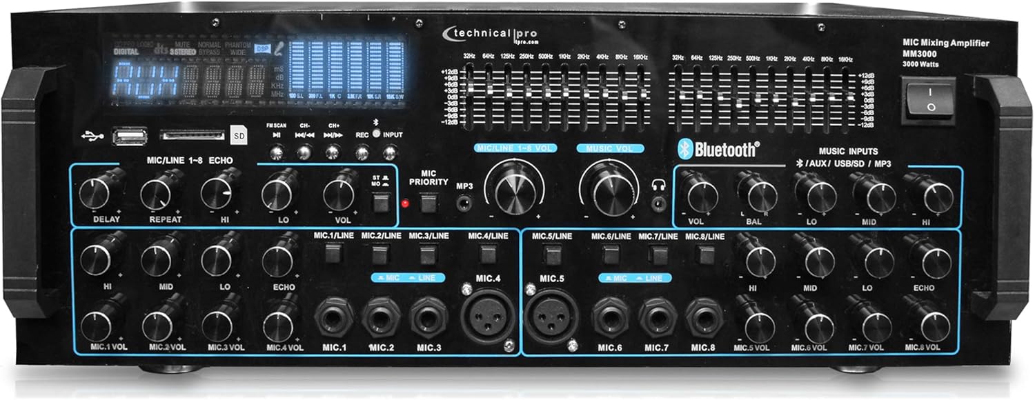 Technical Pro 3000 Watts Professional Mic Mixing Amplifier w/USB SD Card Inputs, Bluetooth Compatibility, Built-in Dual 10 Band Equalizers, for Karaoke Audio Home Stereo Receiver Box System