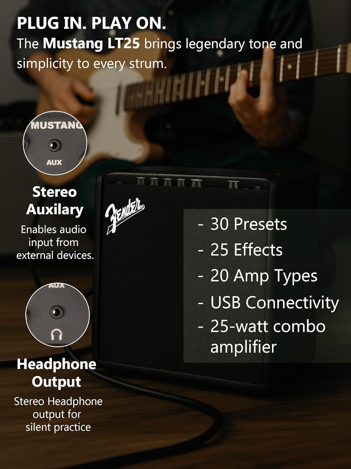 Fender Mustang LT25 Guitar Combo Amplifier Bundle with Cable and Austin Bazaar Exclusive 12-Pack Picks