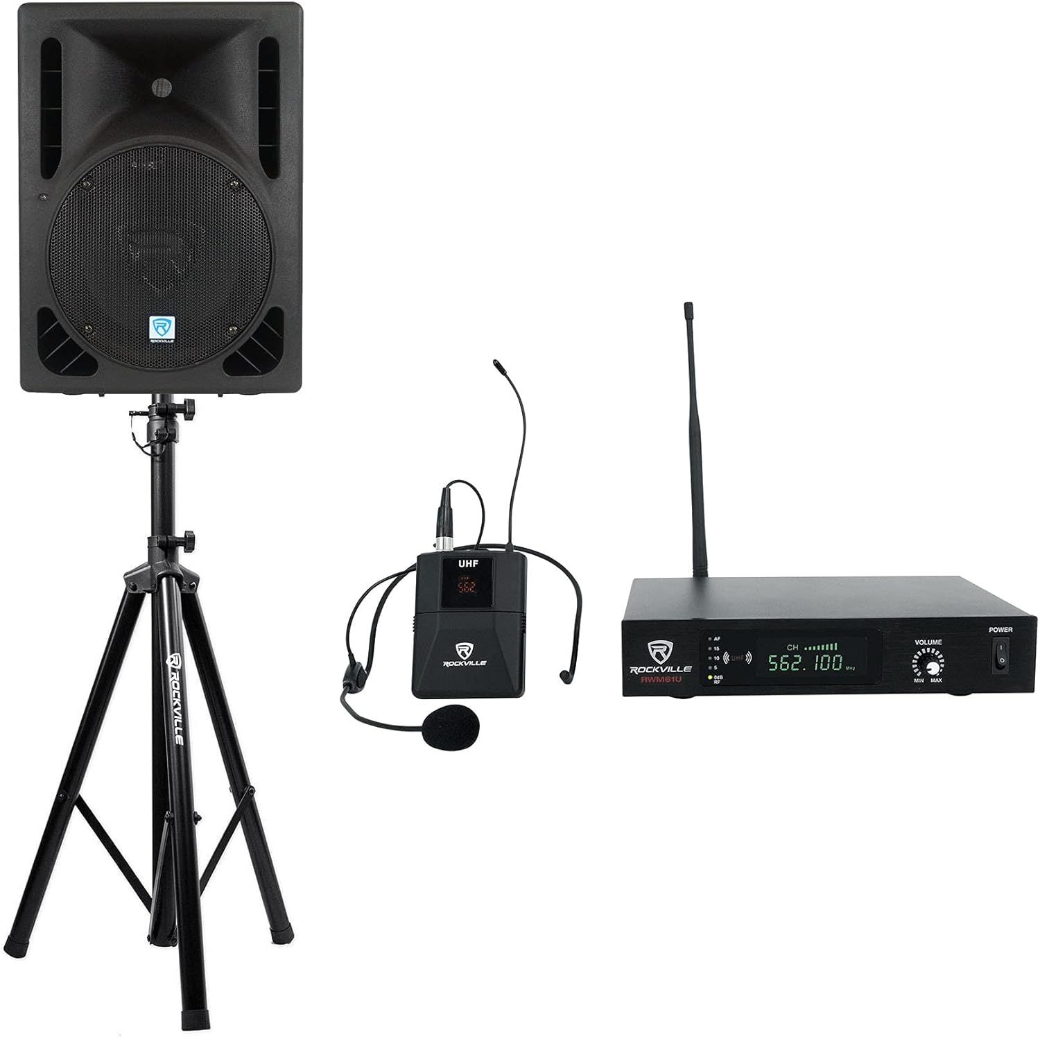 Rockville RPG10BT V2 Bundle: 10 in 600W Peak/150W RMS Powered Bluetooth DJ/PA Speaker with RVES05 Tripod Stand and RWM61U UHF Wireless Headset & Guitar Microphone System, Class AB Amplifier, 3-Items