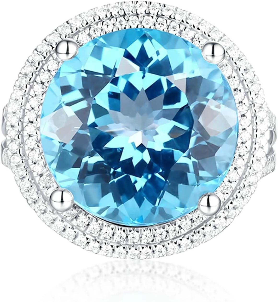 Engagement Rings for Women Halo, 18K White Gold Ring Round Brilliant 12ct Big Blue Topaz Gift for Her