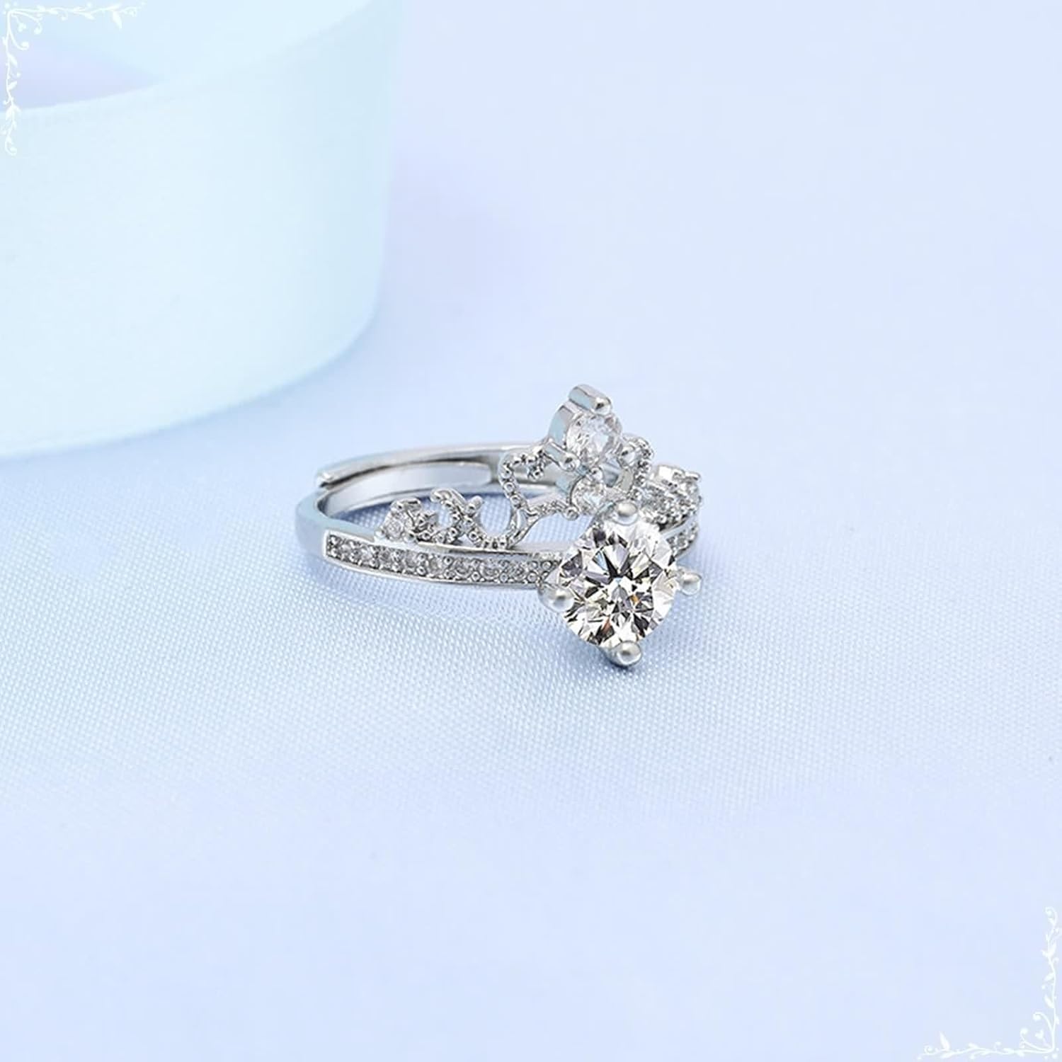 18K White Gold Ring for Women, Unique Engagement Ring Moissanite Crown Silver Jewelry for Bride