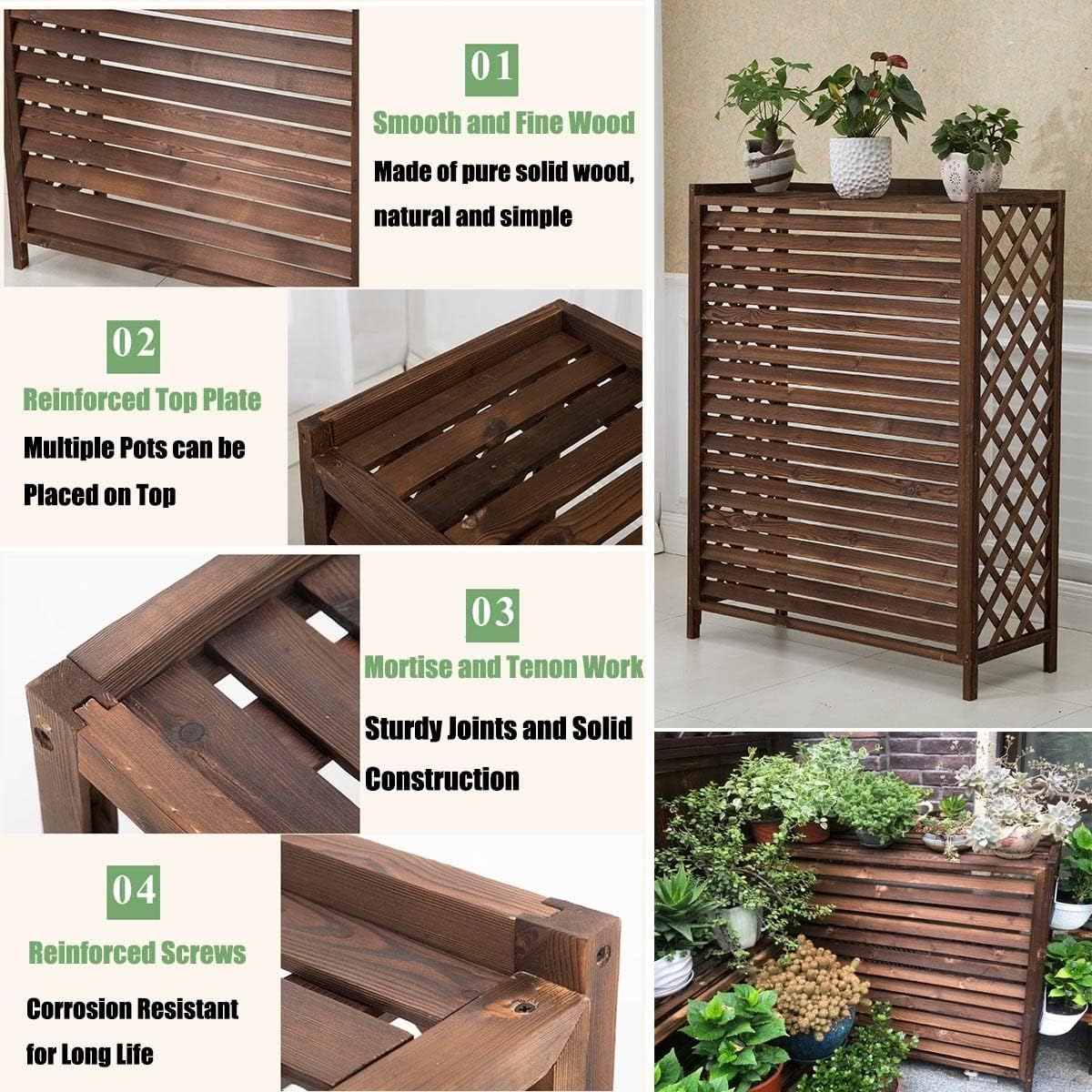 Cover for Outdoor 85x35x70cm Wooden Air Conditioner Fence Screen, Air Conditioning Covers Flower Rack, Wooden Anti-Corrosion Privacy Screen Plant Display Rack Air Conditioner Cover Plant Storage