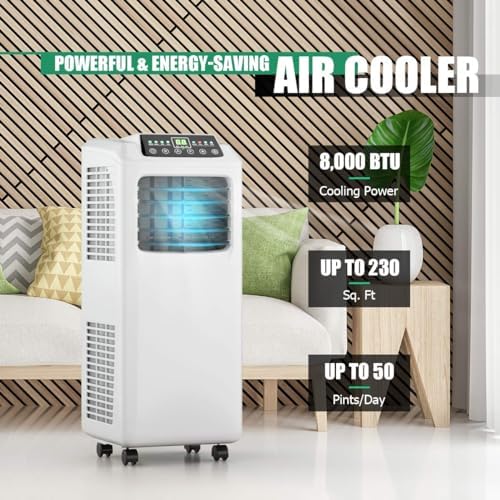 DORTALA 8000BTU Portable Air Conditioner 3-in-1 Floor AC Unit w/Dehumidifier, Quiet AC Unit Cools Rooms to 230 sq.ft LED Display, Remote Control, Complete Window Mount Exhaust Kit, 30inch