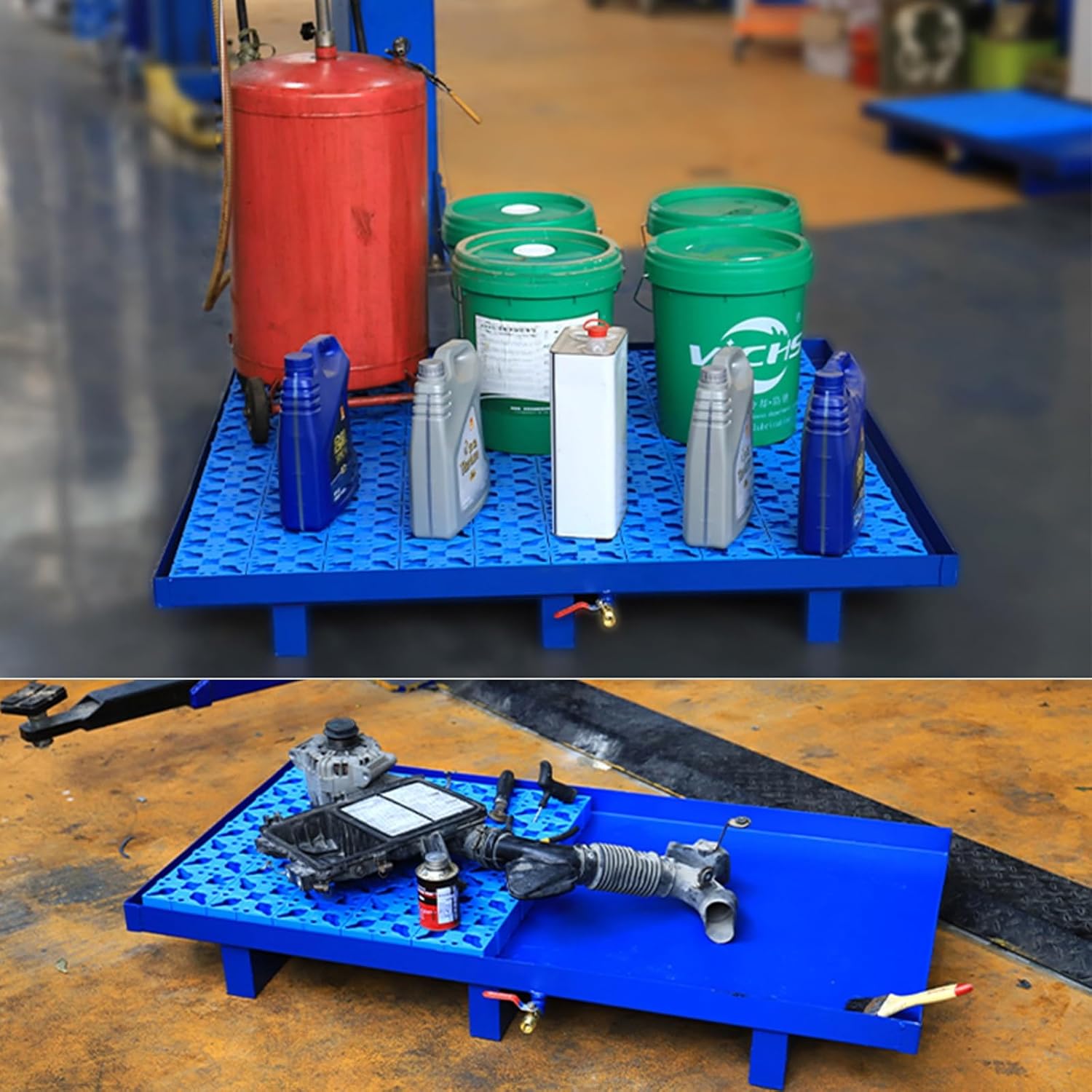 Leakproof Spill Containment Pallet with Drain, Metal Platform Pallet with Top Grating, for Washing Machine Oil Drums(Blue,65cm/26in)