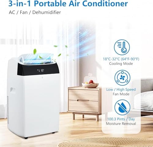 14000 BTU Portable Air Conditioner, 3-In-1 Cool, Fan, Dehumidify Modes, Cools up to 700 Sq. Ft, Quiet AC Unit with LED Display, with Remote Control, 24 H Timer for Living Room, Dorm, Office