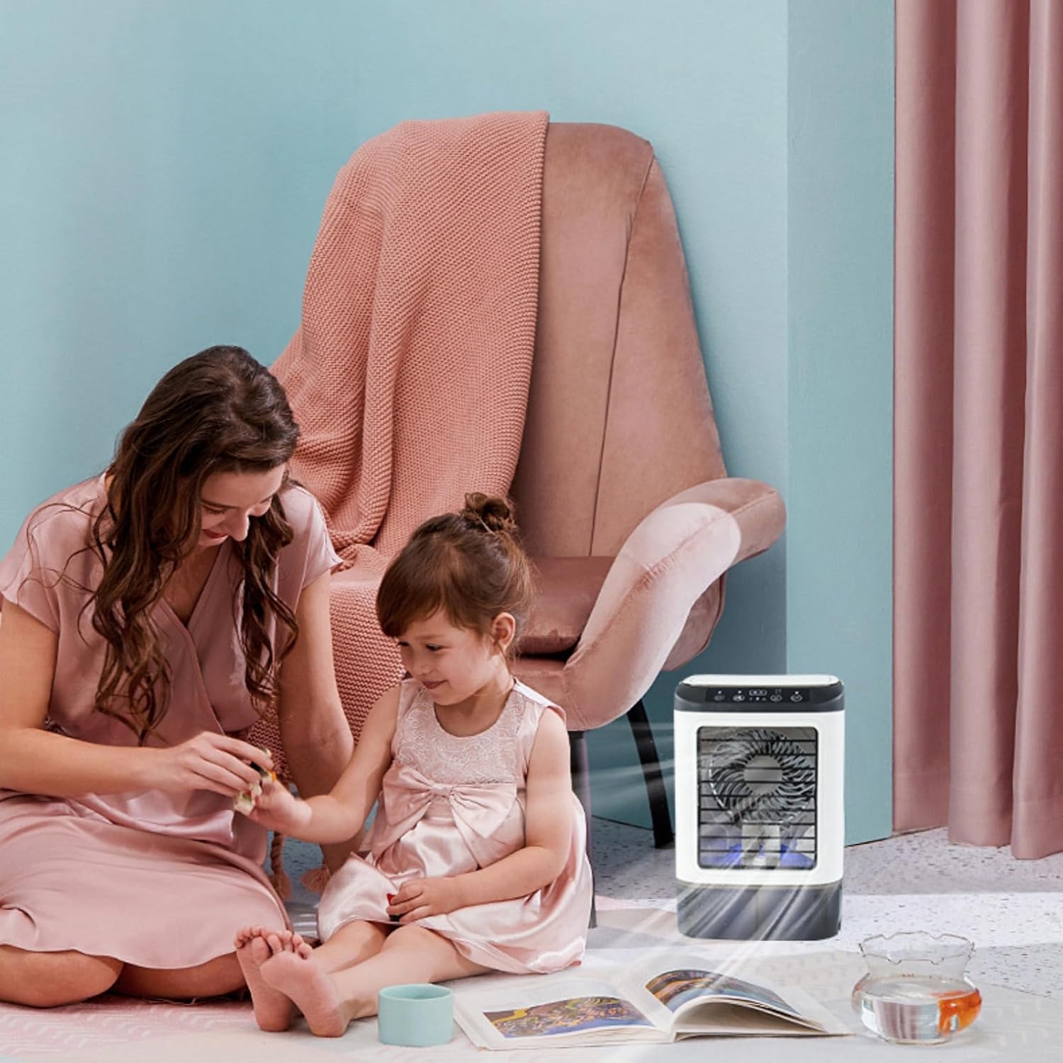 EKsma Portable Air Conditioner Cooling Fan, Quiet with 3 Speeds, 900ml Evaporative Personal Air Cooler Fan with 7 Night Light, Small Air Conditioner for Bedroom Office